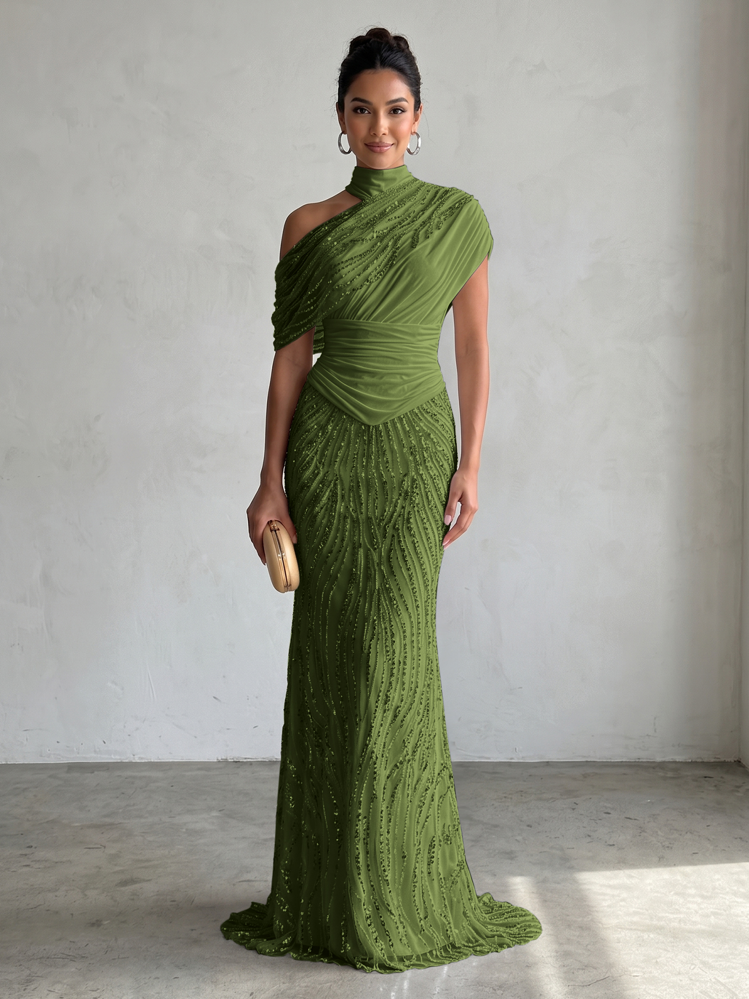 Ethereal White Beaded High-Neck Draped Sheath Formal Evening Dress