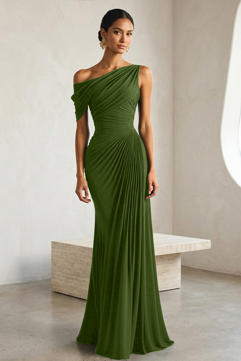 Timeless Black Architectural One-Shoulder Sheath Evening Gown