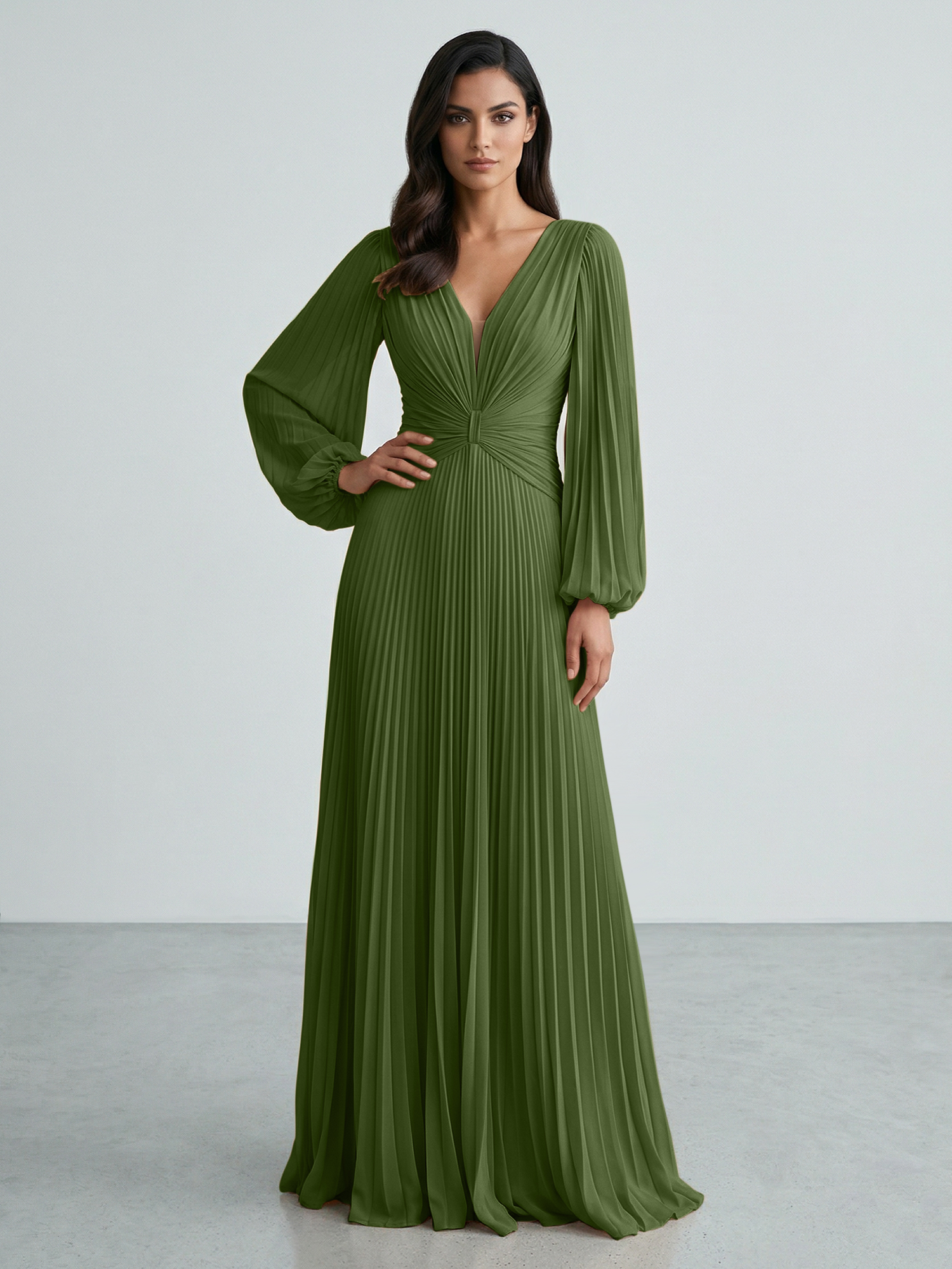 Slate Blue Plunging V-Neck Pleated Long Sleeve Maxi Dress Gown