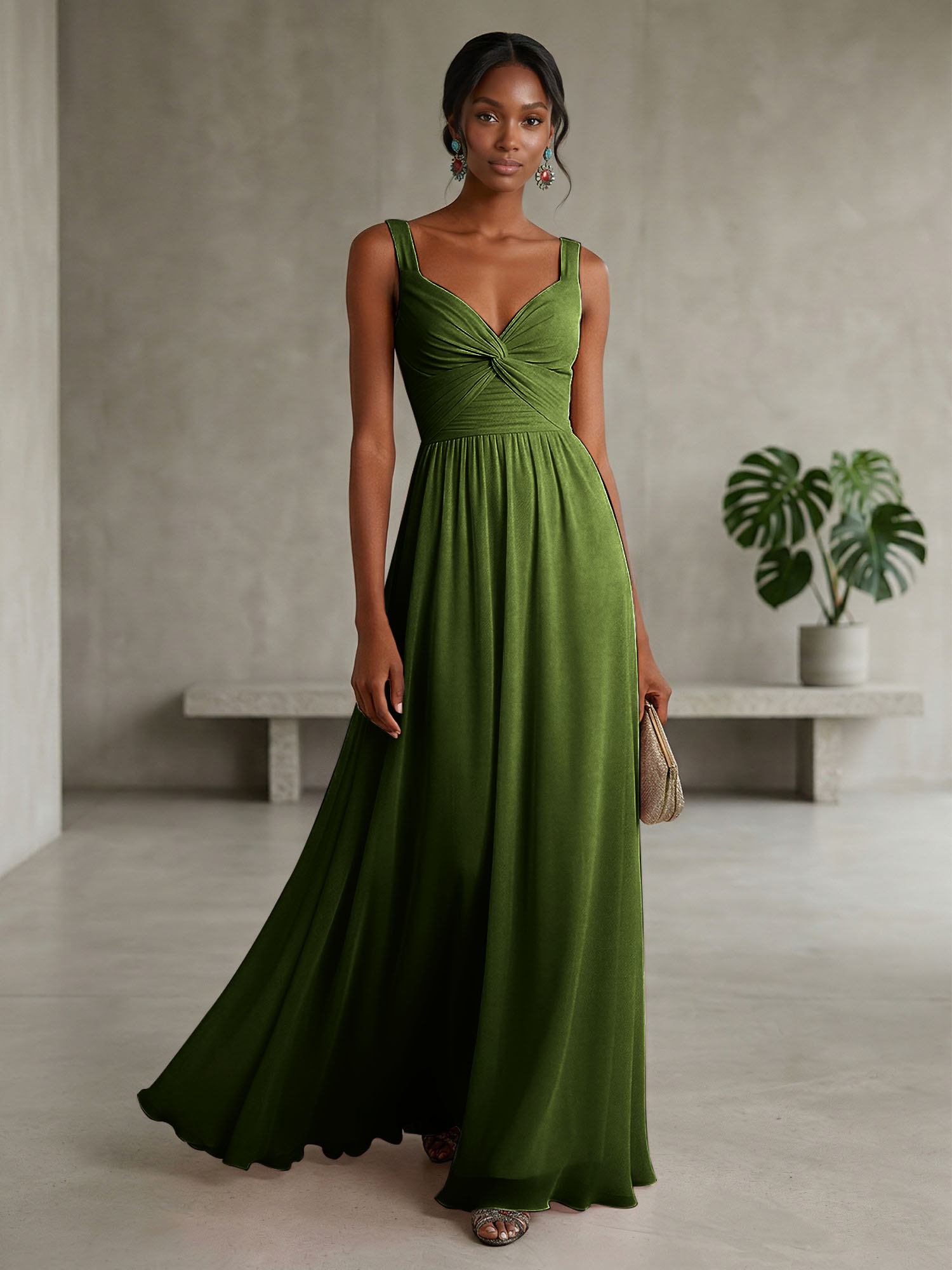 Elegant Soft Blush Twist-Front Chiffon Maxi Gown