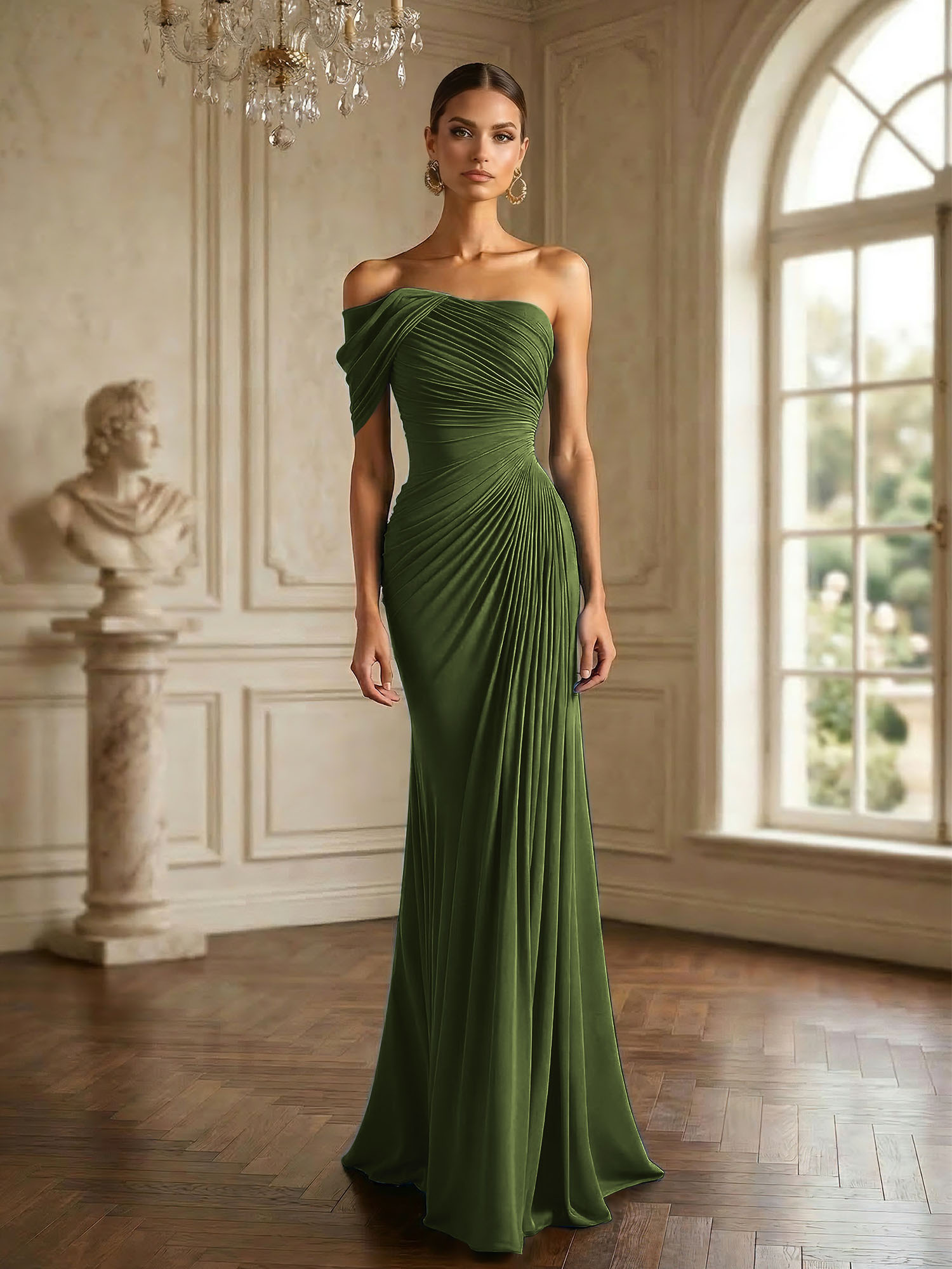 One Shoulder Pleat Mermaid Chiffon Evening Dresses for Women Gown