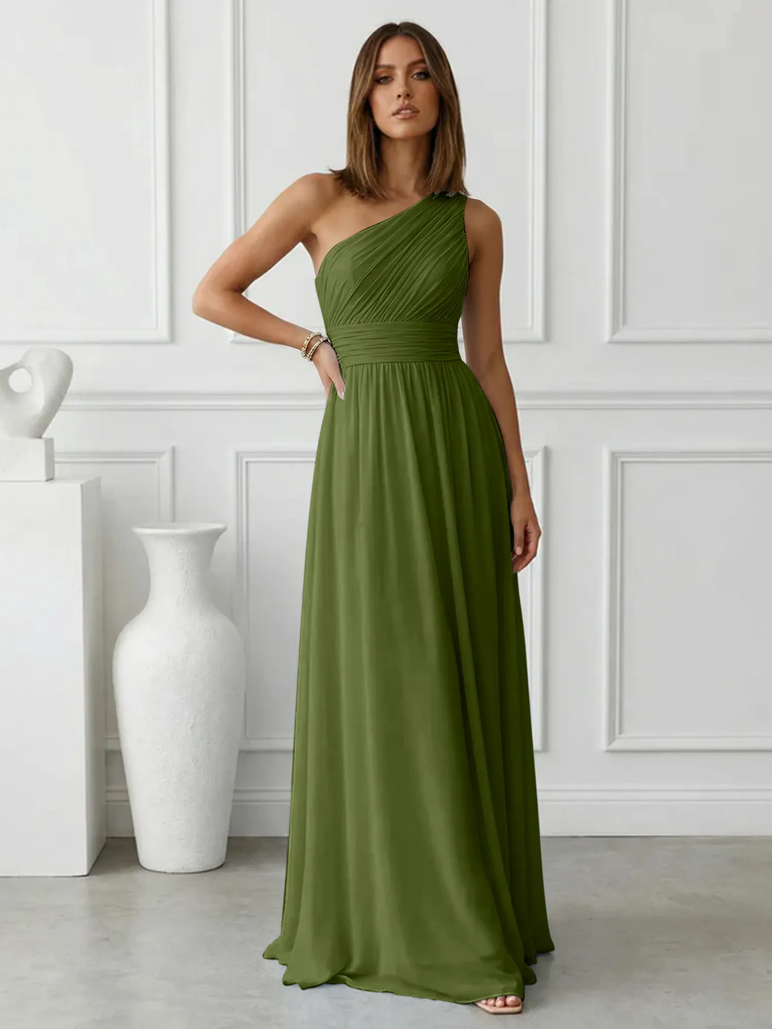 One-Shoulder Pleated Chiffon A-Line Evening Dress