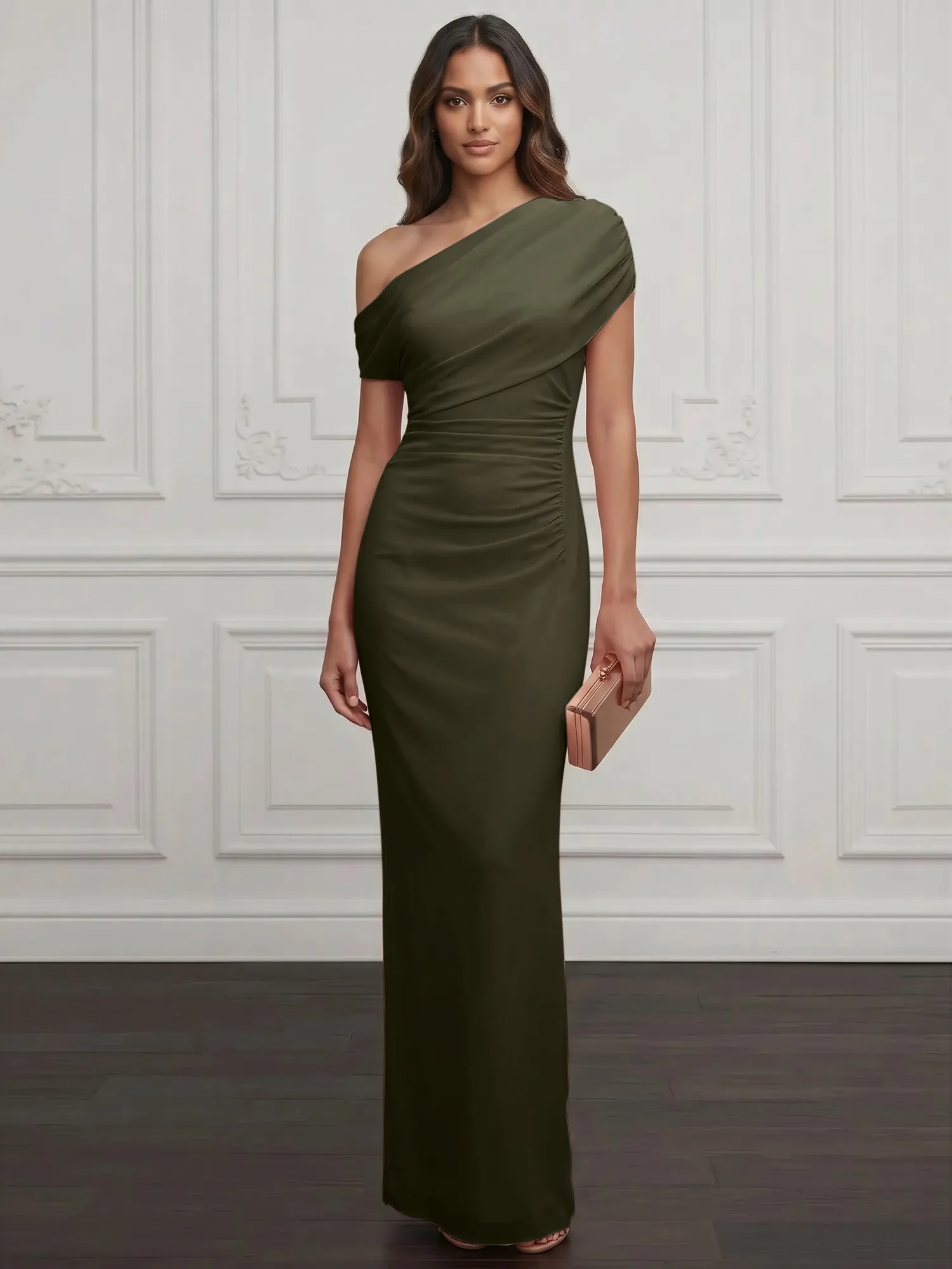 One-Shoulder Draped Chiffon Evening Gown