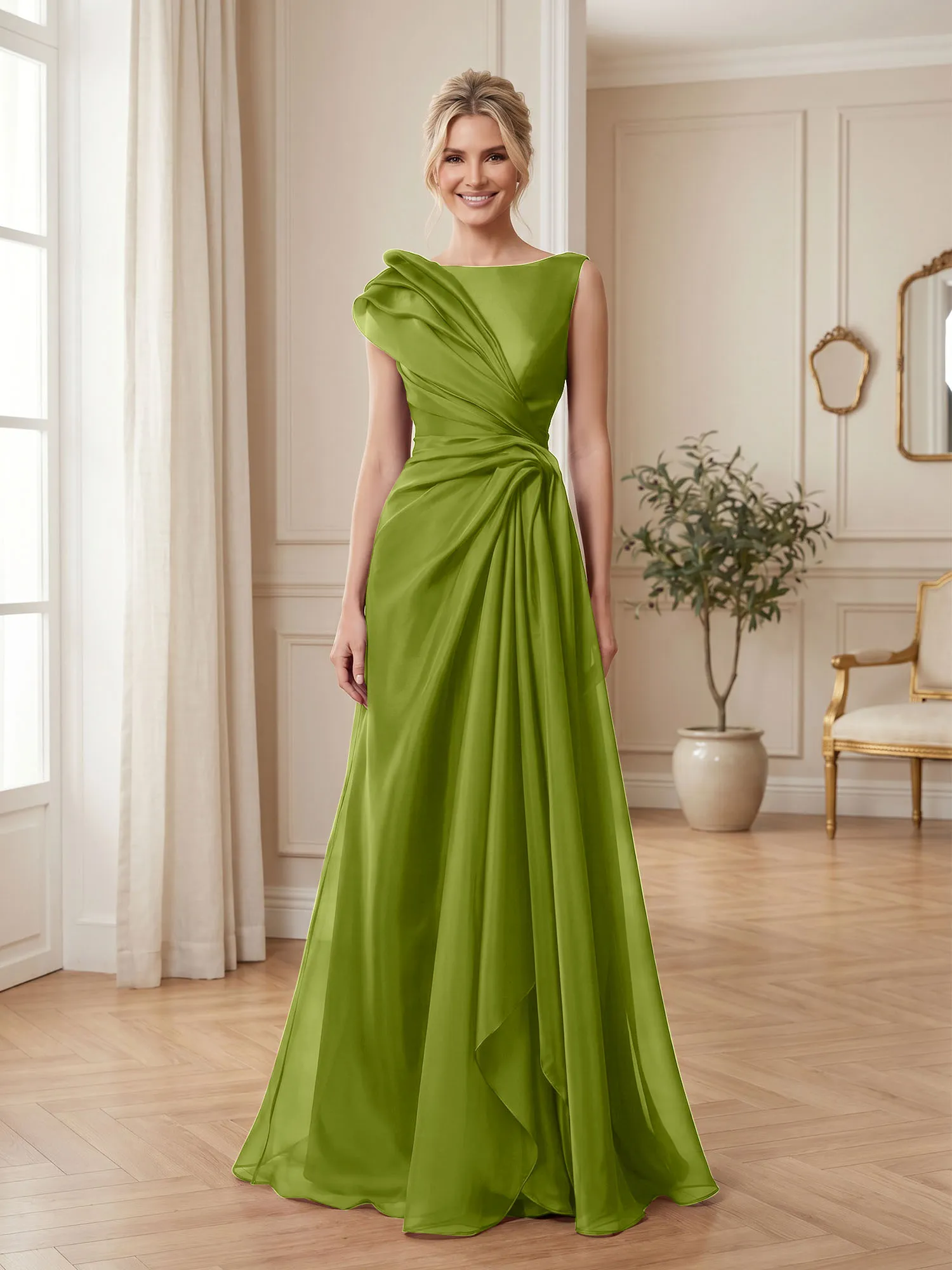 A Line Ruched Draped Tulle Evening Gown