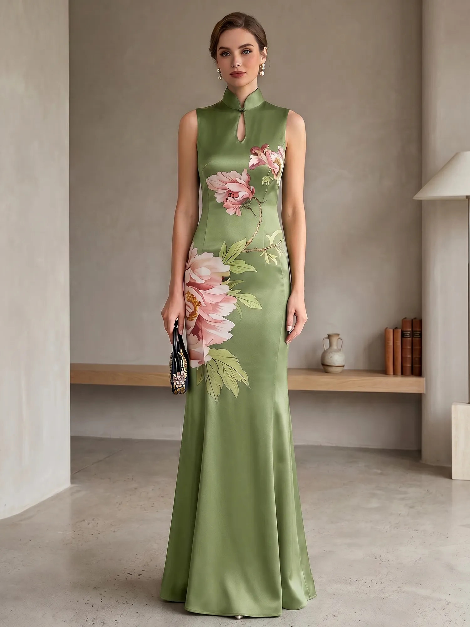 Satin Qipao-Inspired Floral Mermaid Evening Gown