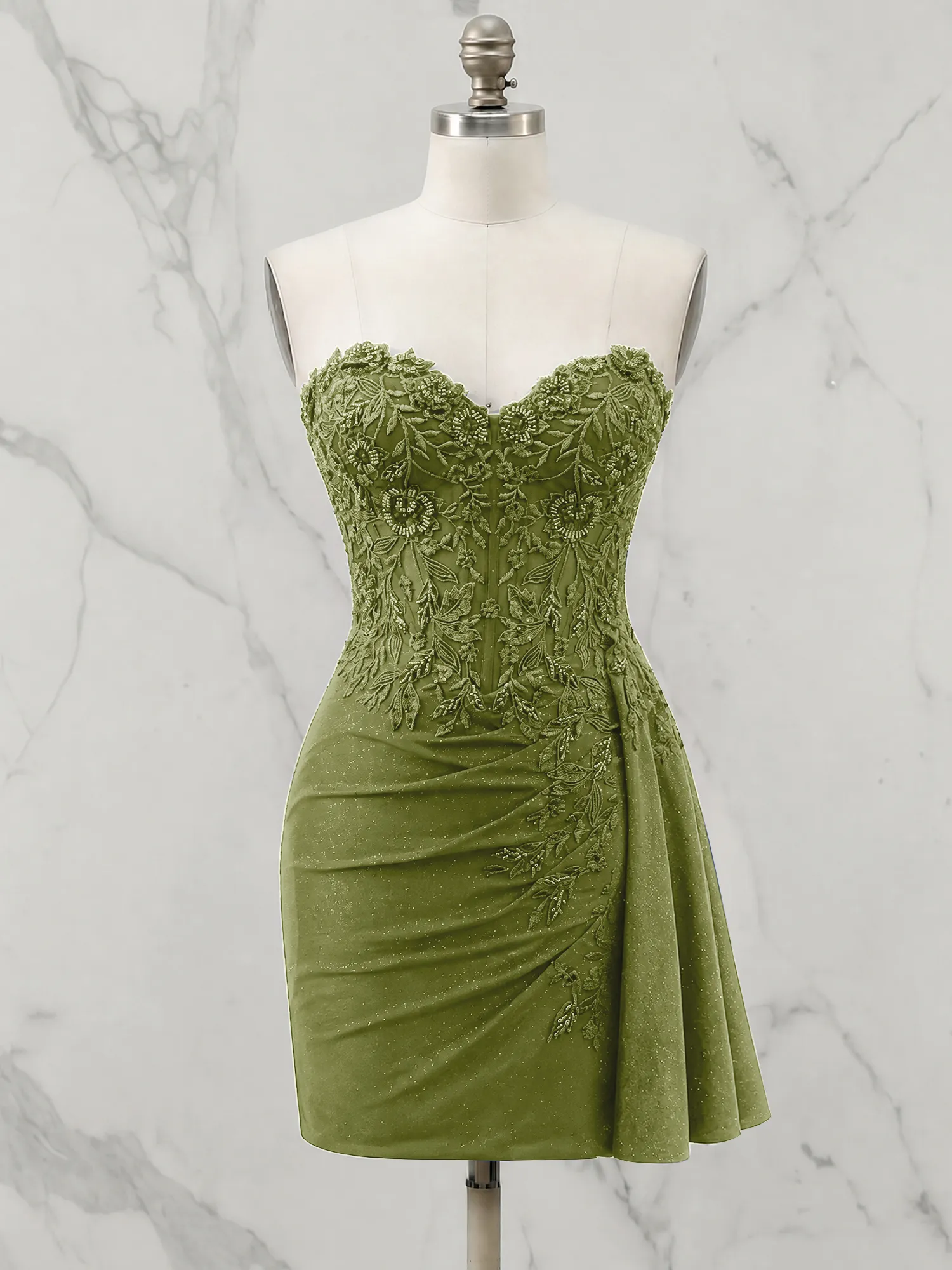 Strapless Lace Appliqué Glitter Homecoming Dress with Side Drape