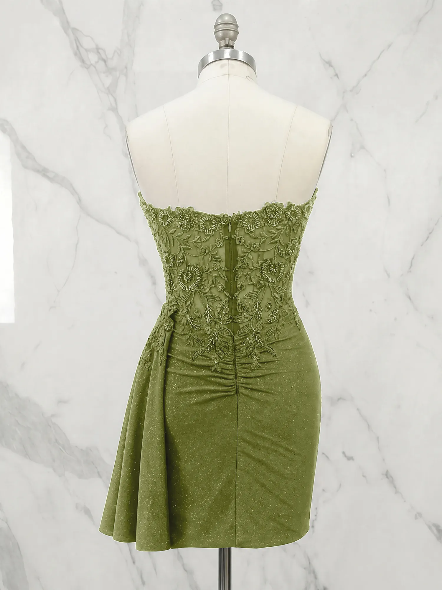 Strapless Lace Appliqué Glitter Homecoming Dress with Side Drape