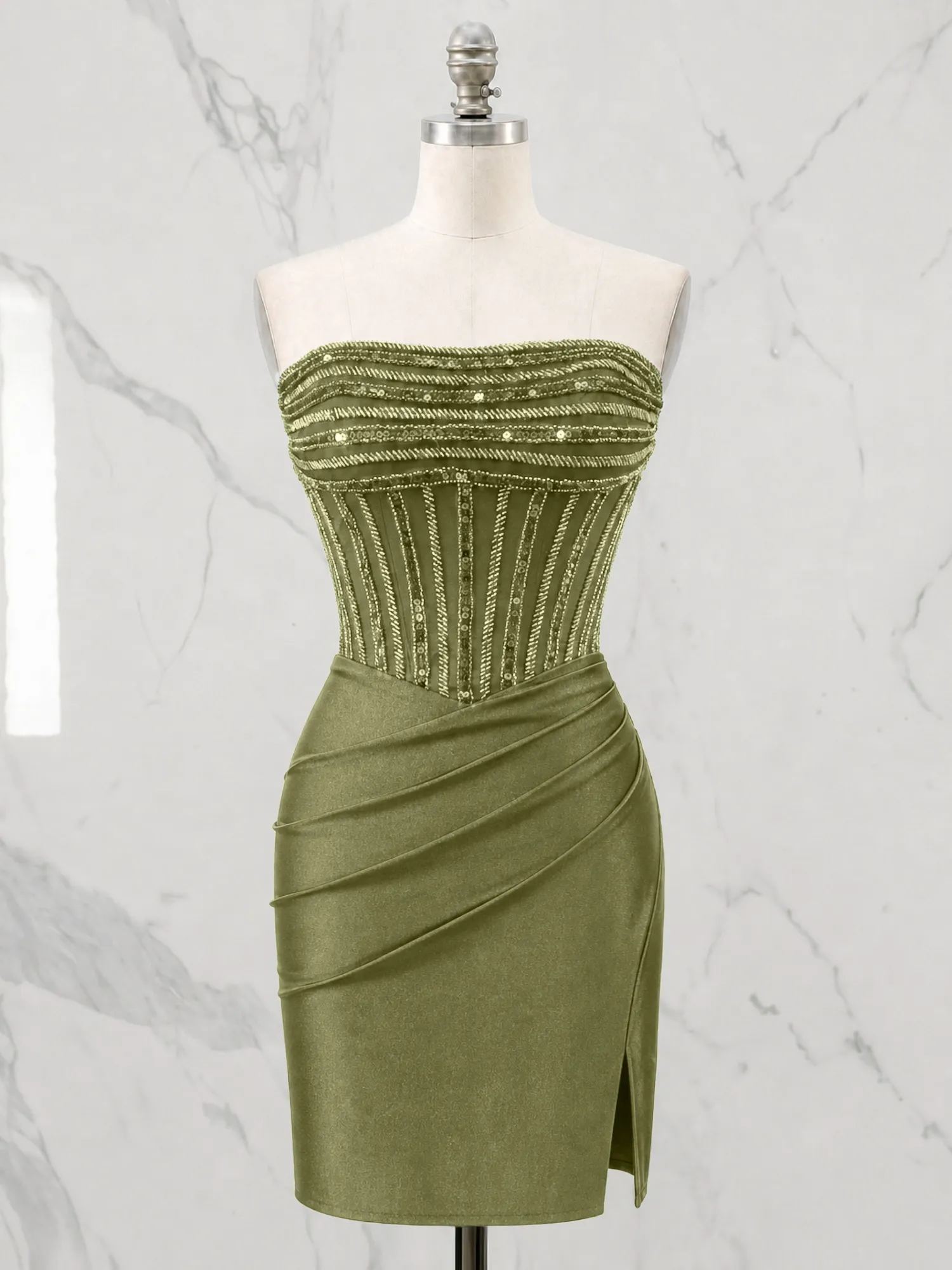 Strapless Beaded Corset Homecoming Dress with Ruched Skirt