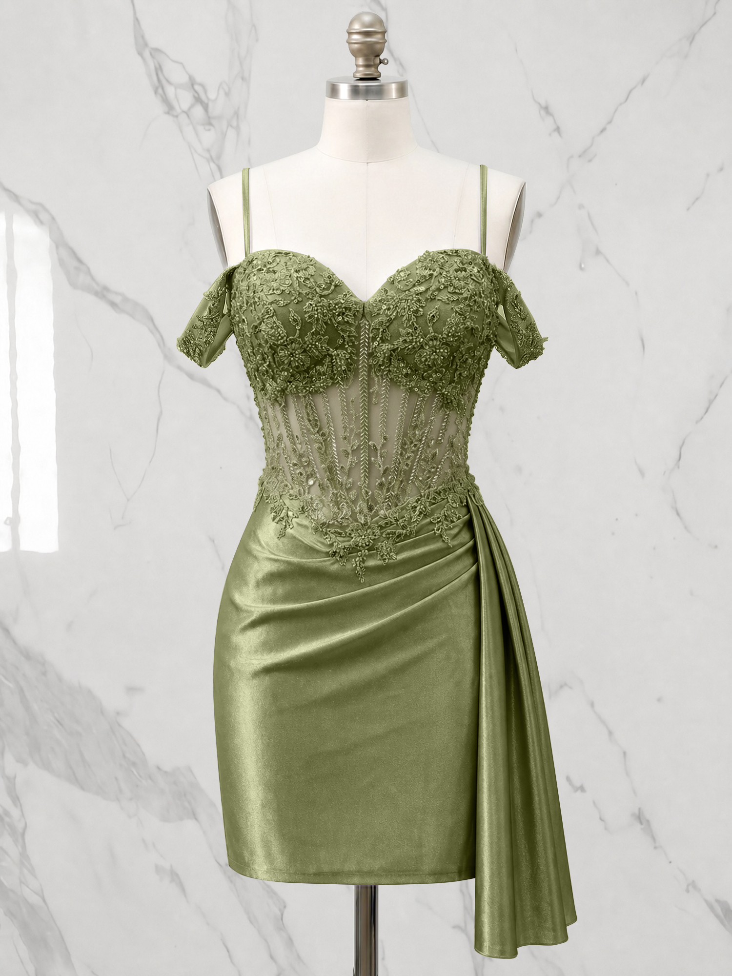 Off-the-Shoulder Lace Corset Homecoming Dress with Side Drape