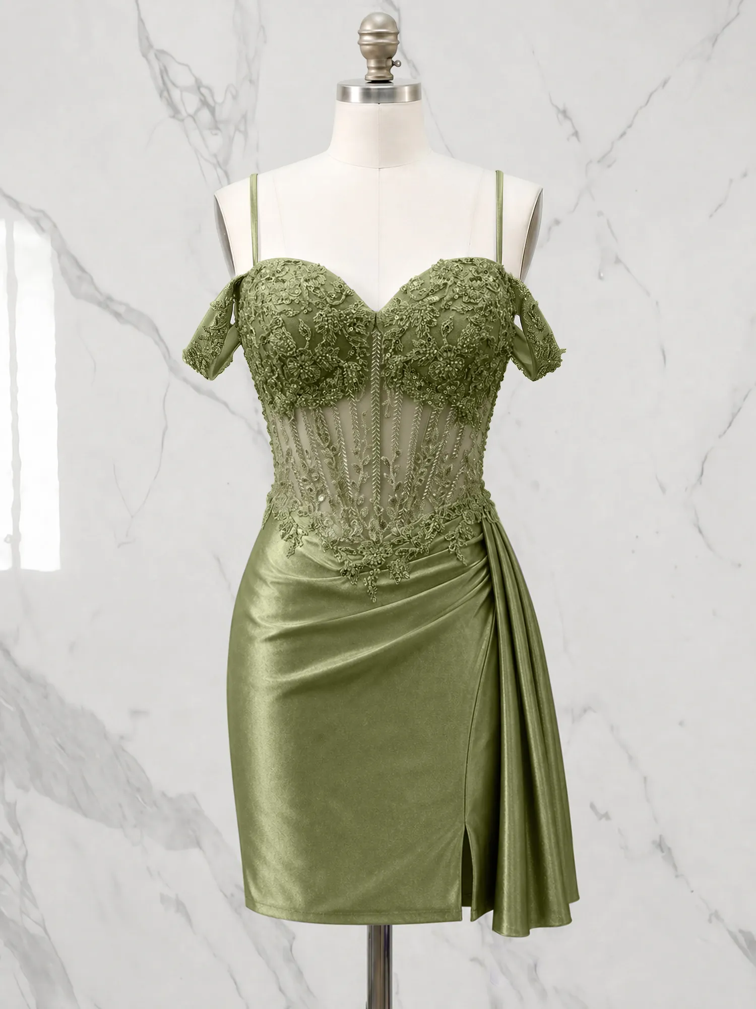 Off-the-Shoulder Lace Corset Homecoming Dress with Draped Skirt