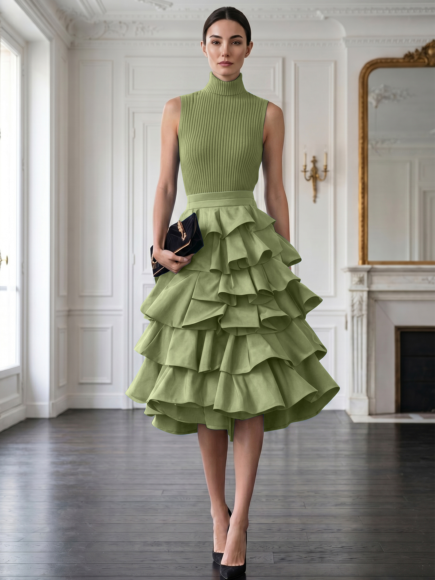 Avant-Garde Black High-Neck Tiered Ruffled Evening Gown