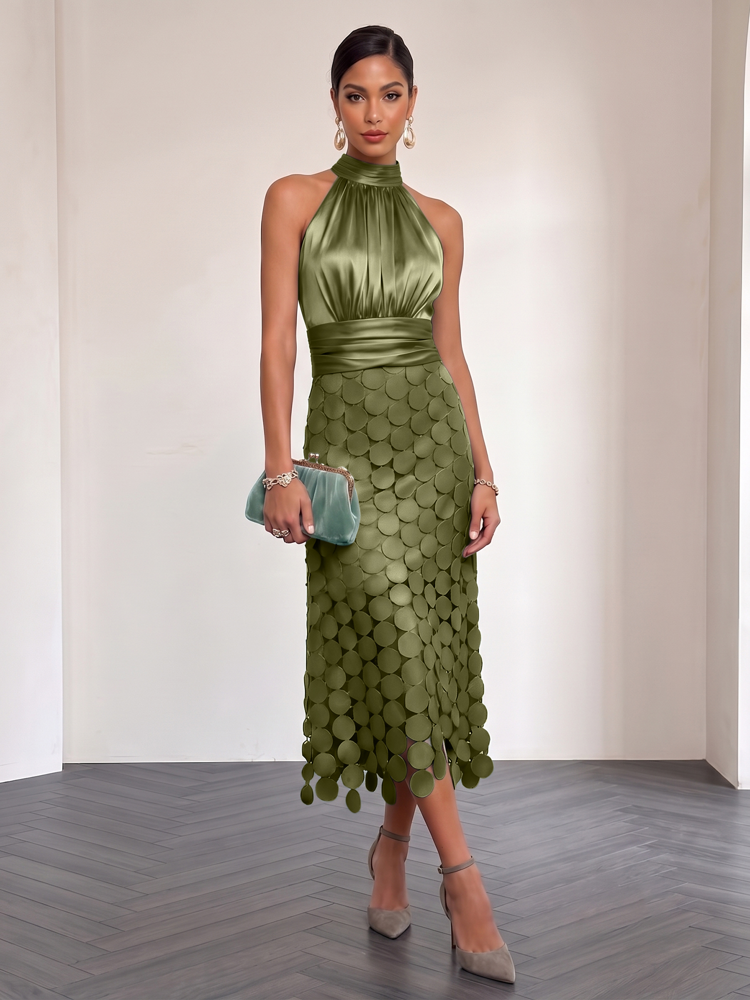Ice Blue Satin Halter Circle Motif Midi Formal Evening Gown