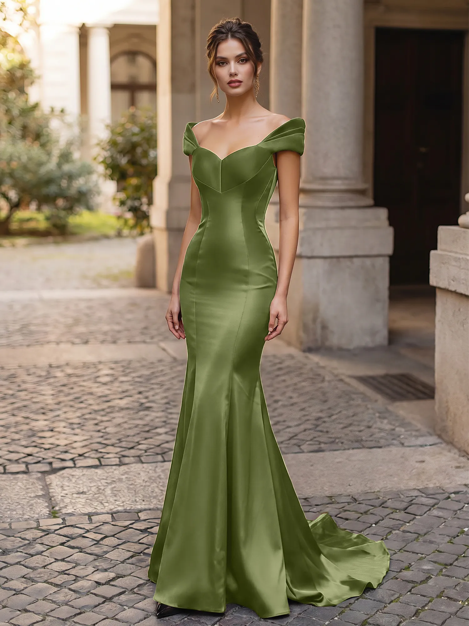 Off-the-Shoulder Sweetheart Lace-Up Back Satin Mermaid Prom Dress
