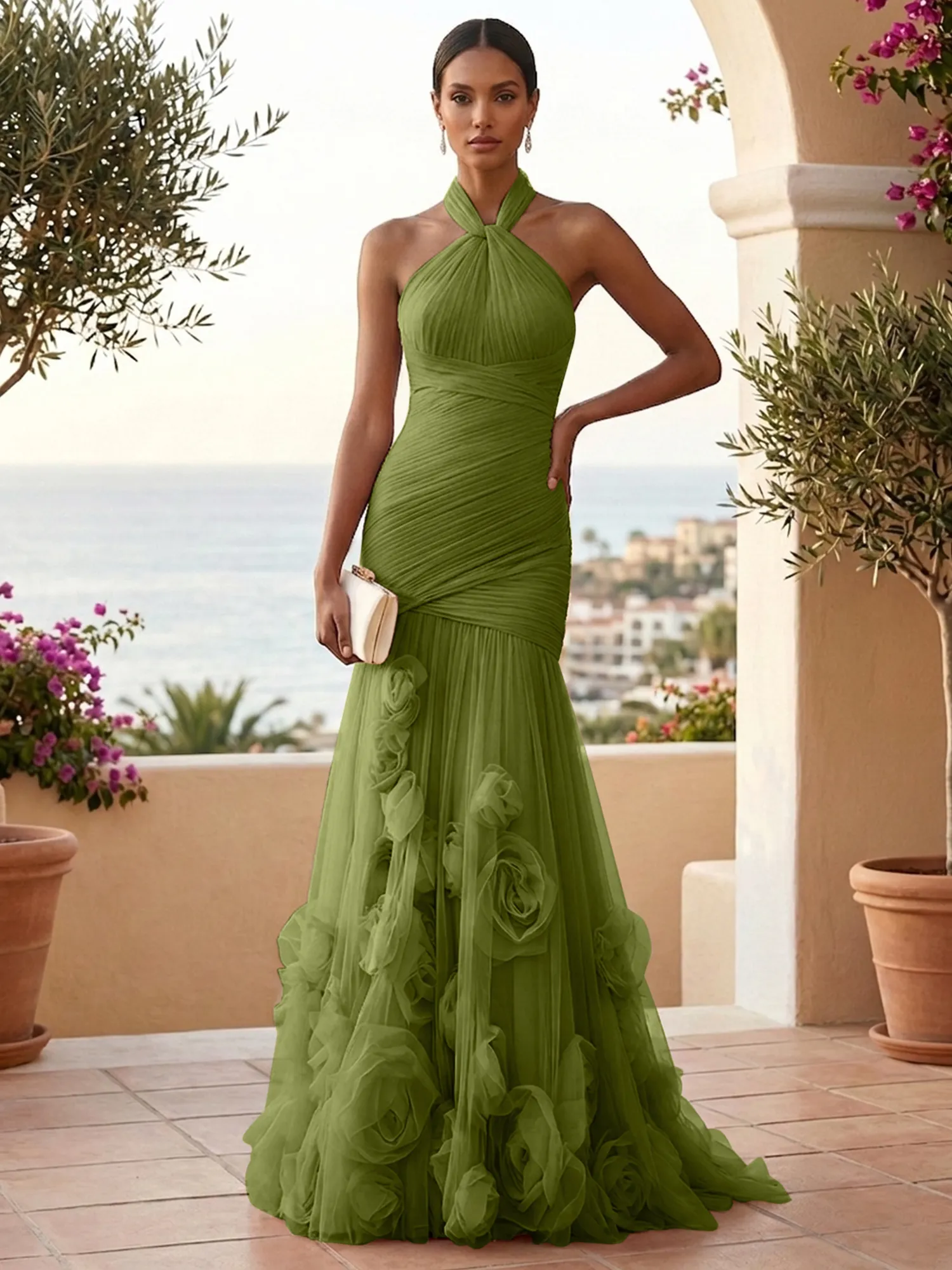 Halter Neck Ruched Tulle Mermaid Gown with 3D Floral Appliqués