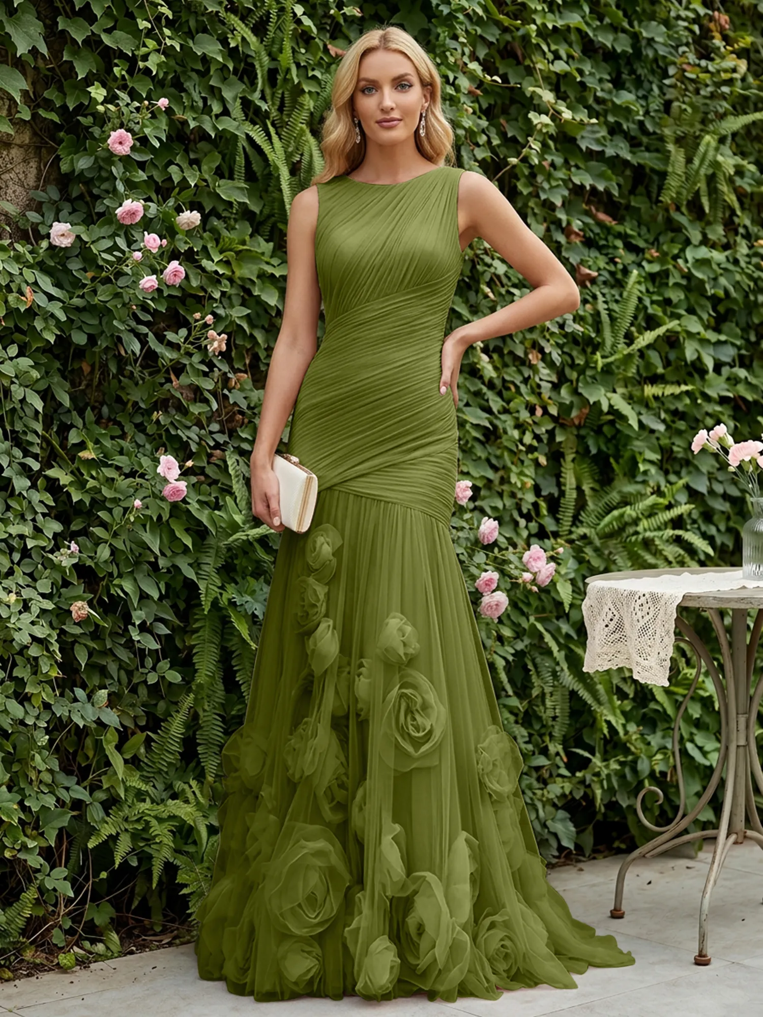 Round Neck Ruched Tulle Mermaid Gown with 3D Floral Appliqués