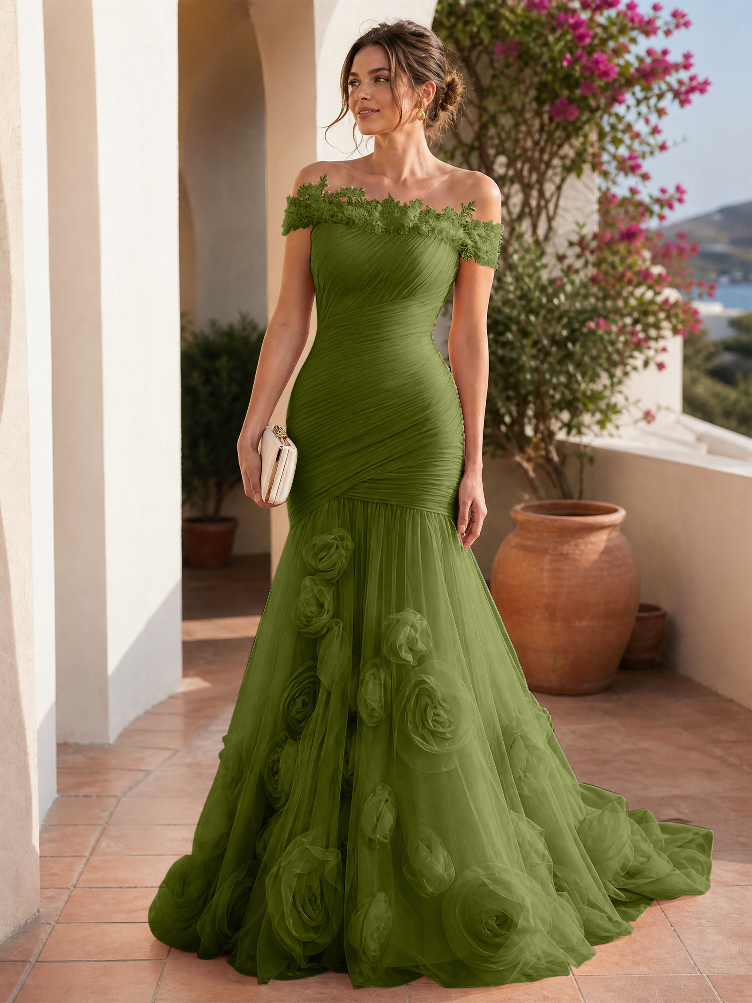Romantic Blushing Rose Off-the-Shoulder Mermaid Formal Evening Dress 