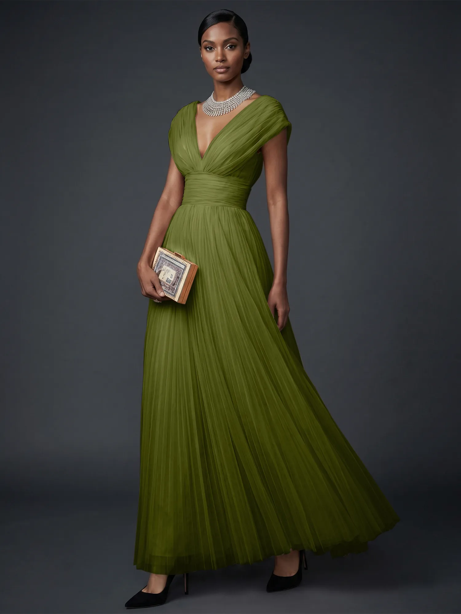 Draped V-Neck Pleated Tulle Evening Gown Maxi Dress