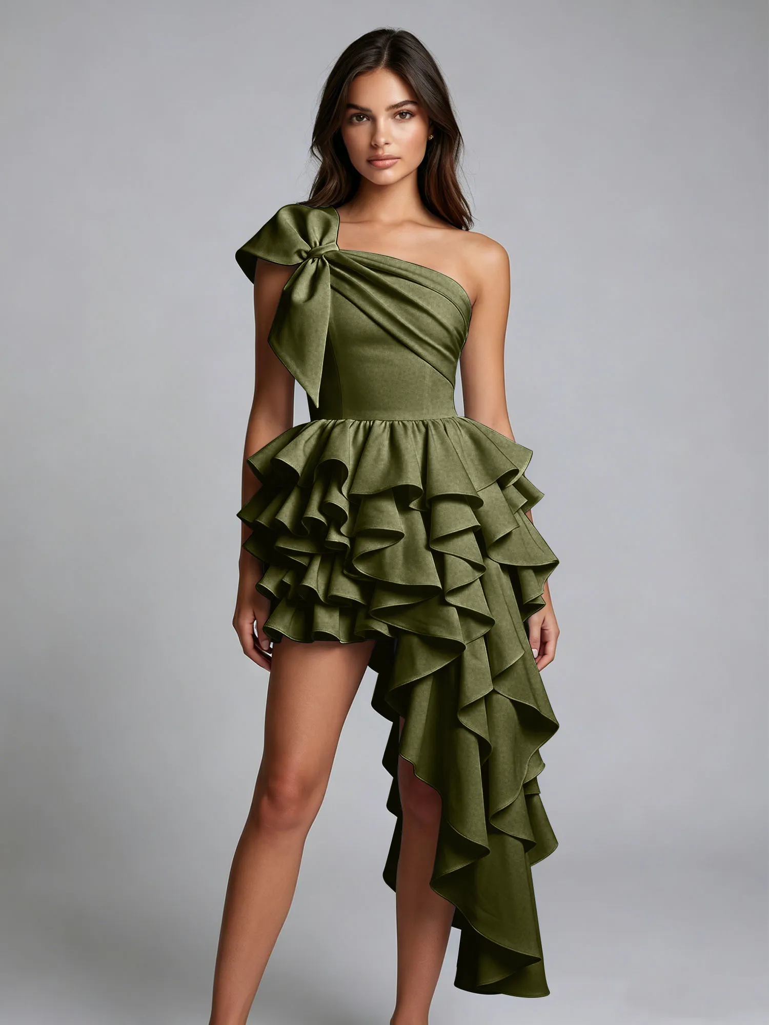 One-Shoulder Bow Tiered Ruffle Asymmetrical Homecoming Dress