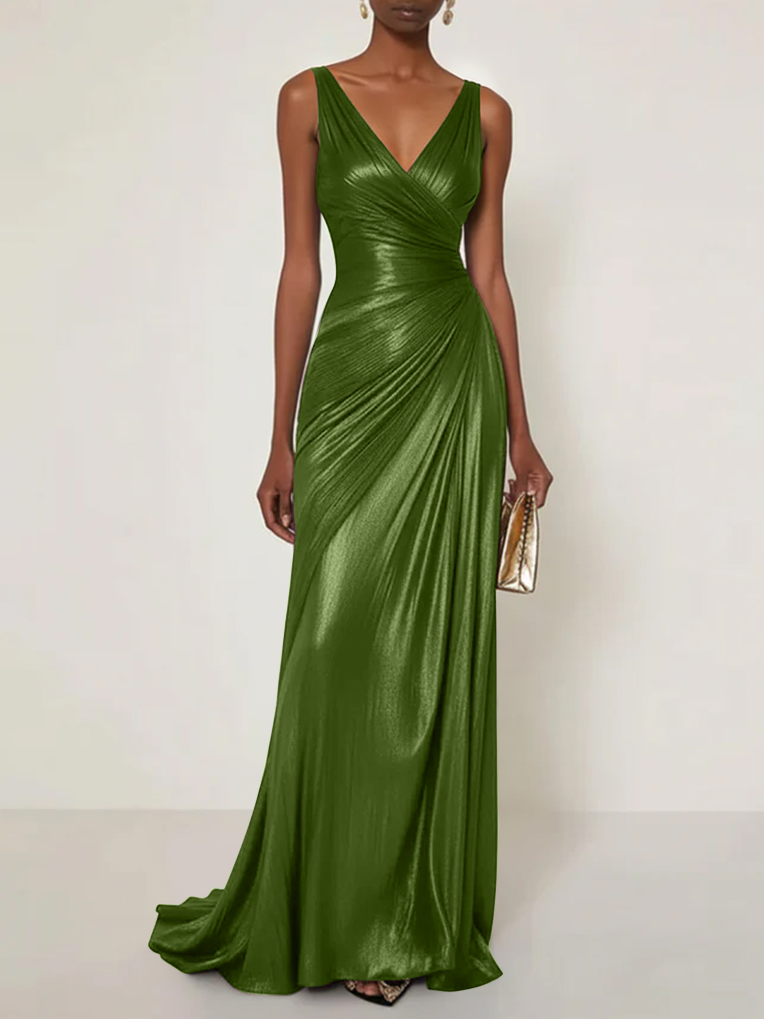 Evening Formal Dress V Neck Silk Ruffles Maxi Dress Gown
