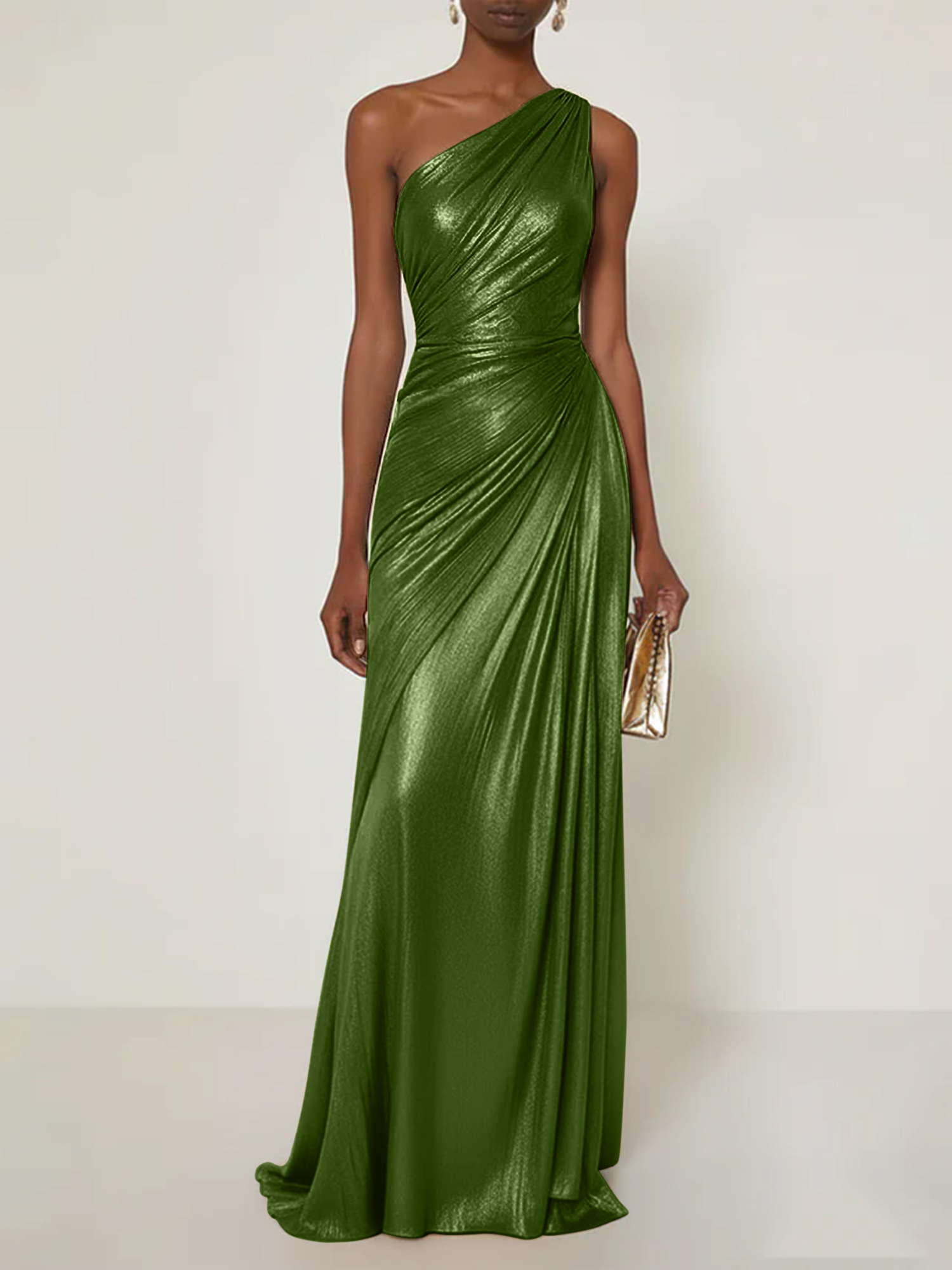 Evening Formal Dress V Neck One Shoulder Silk Ruffles Maxi Dress