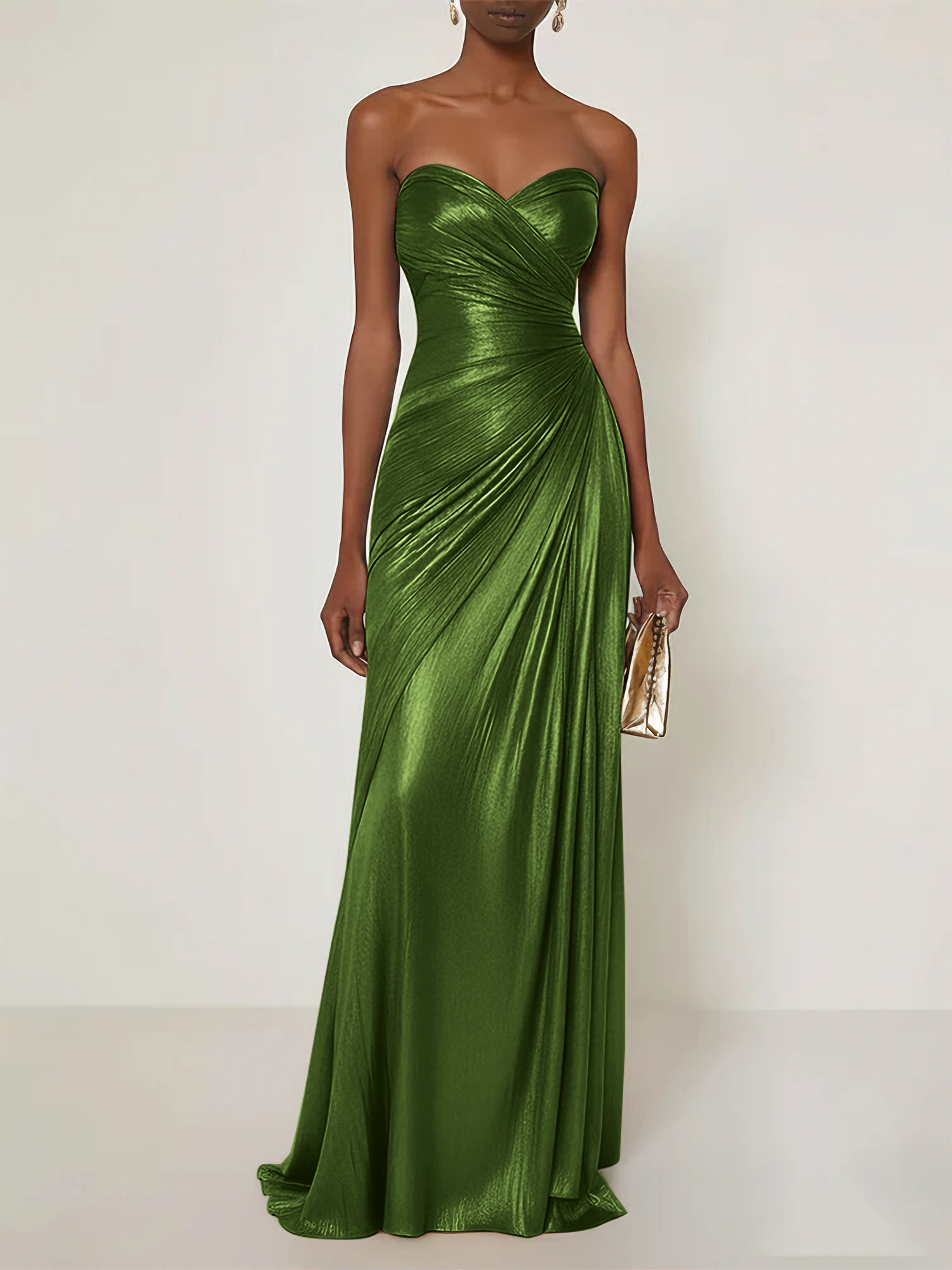 Evening Formal Dress V Neck Silk Ruffles Strapless Maxi Dress