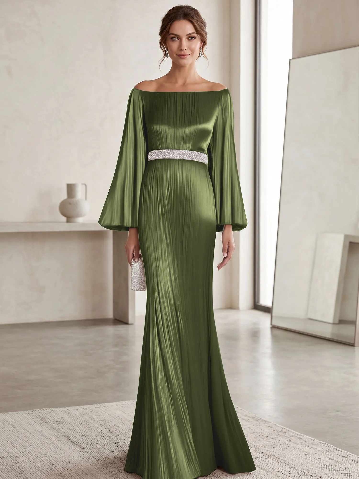 Off-the-Shoulder Pleated Satin Evening Gown with Beaded Waistband