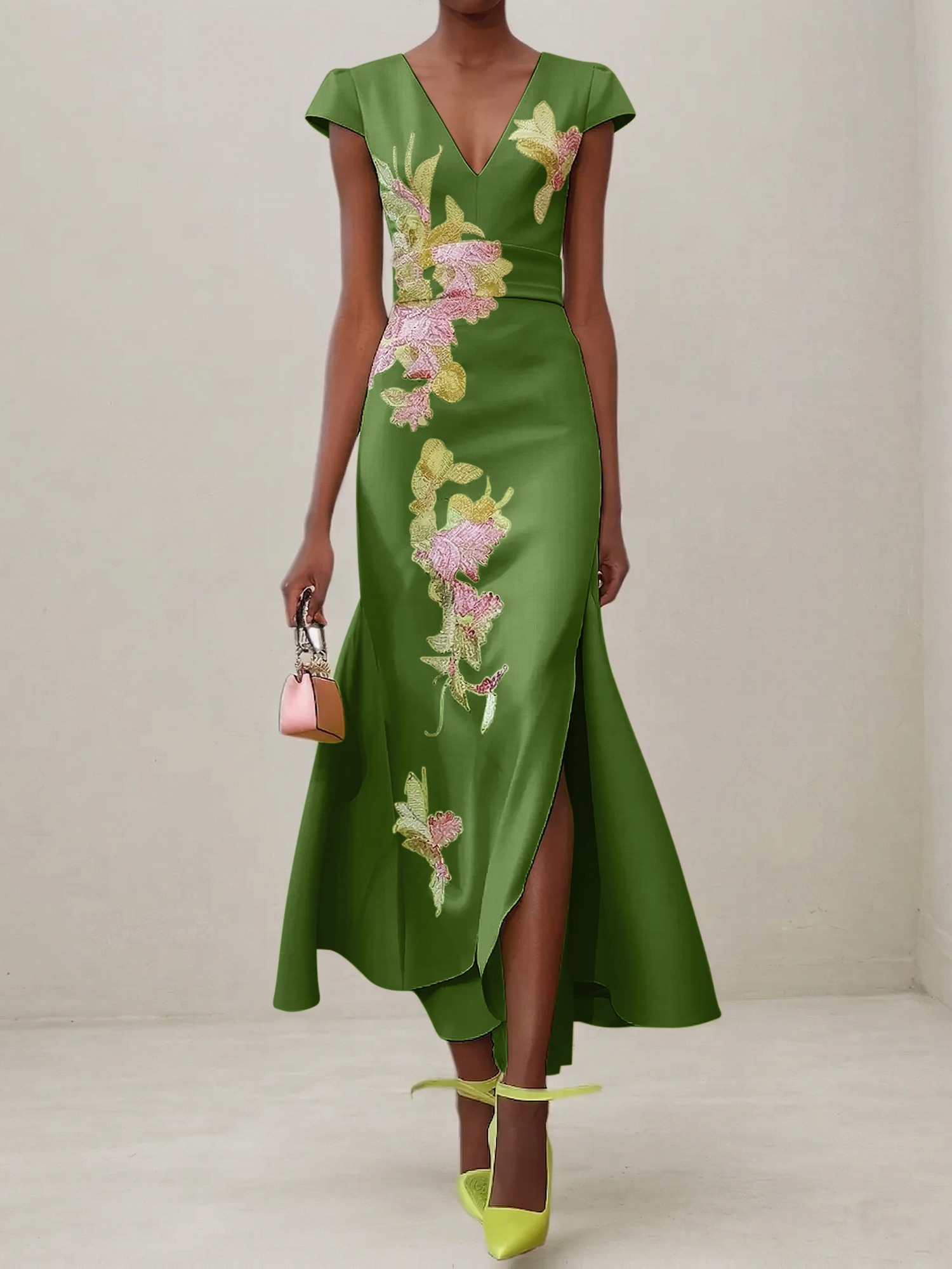 Elegant V-Neck Cap Sleeve Satin Midi Gown with Floral Embroidery & High Slit