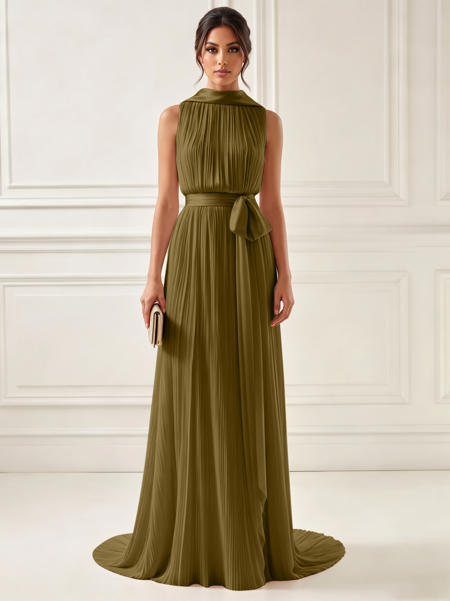 Ethereal Pleated Pastel Pink High Neck Maxi Formal Evening Dress with Satin Sash