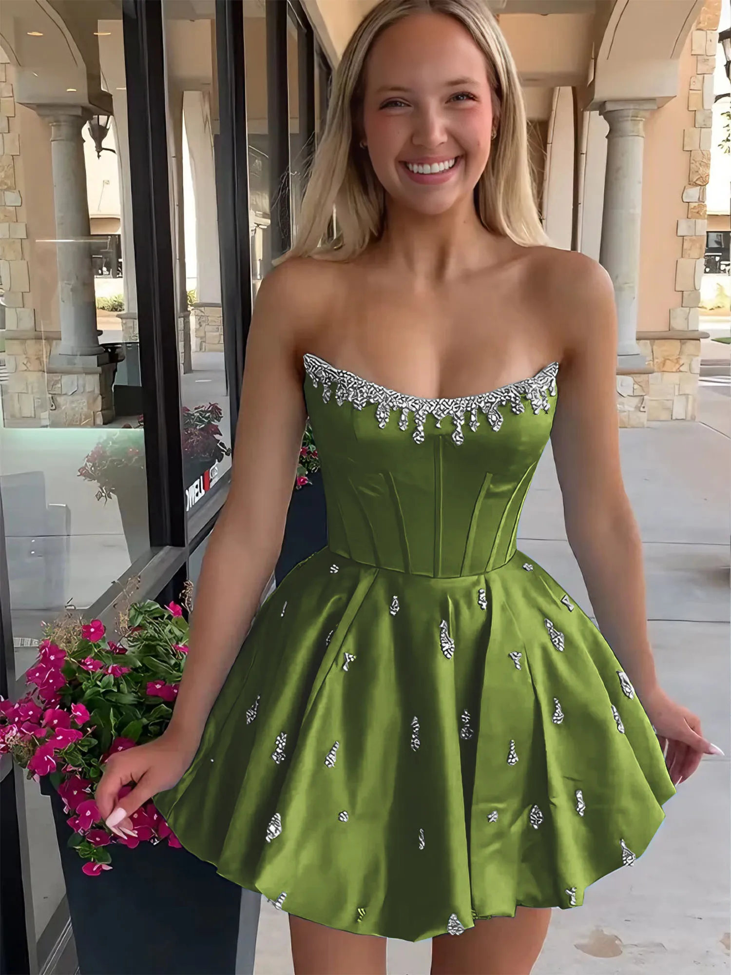 Strapless Beaded Corset Lace-Up Back Satin Homecoming Dress