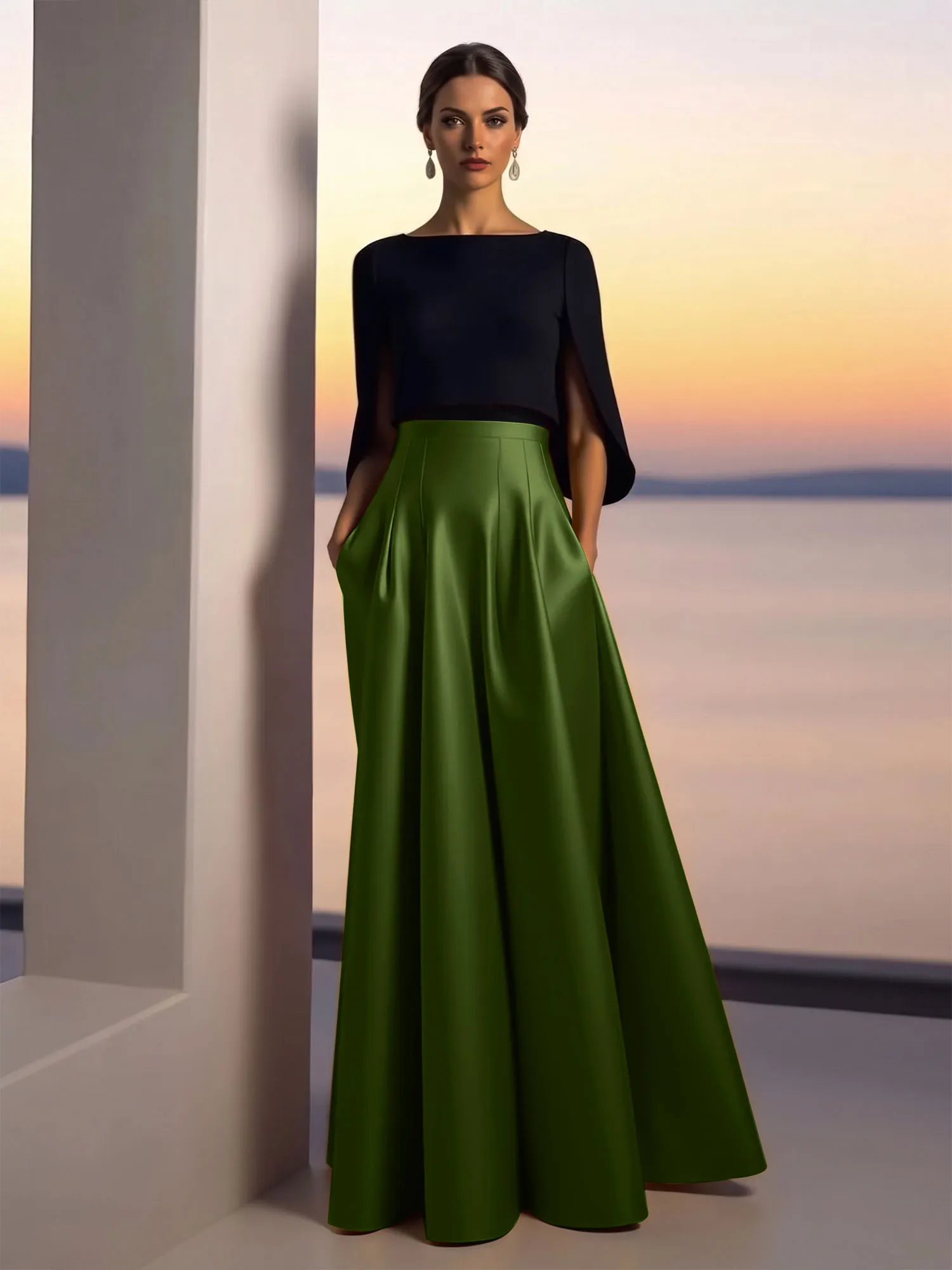 Two-Piece Cape Sleeve Satin Ball Gown Evening Dress