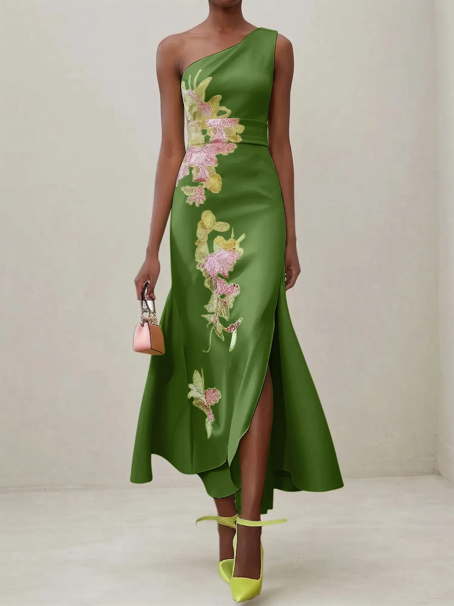 Elegant One Shoulder Cap Sleeve Satin Midi Gown with Floral Embroidery & High Slit