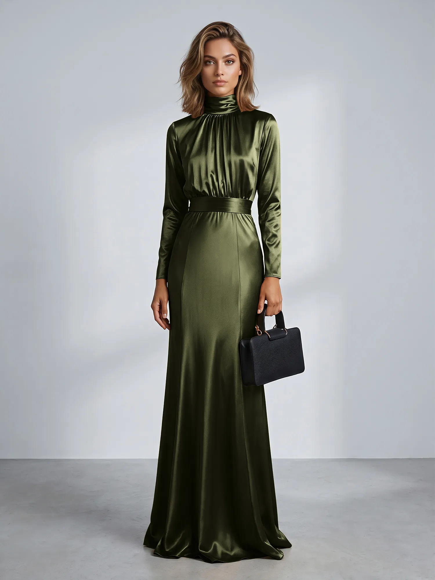 High Neck Long Sleeve Satin Mermaid Evening Gown with Waist Sash