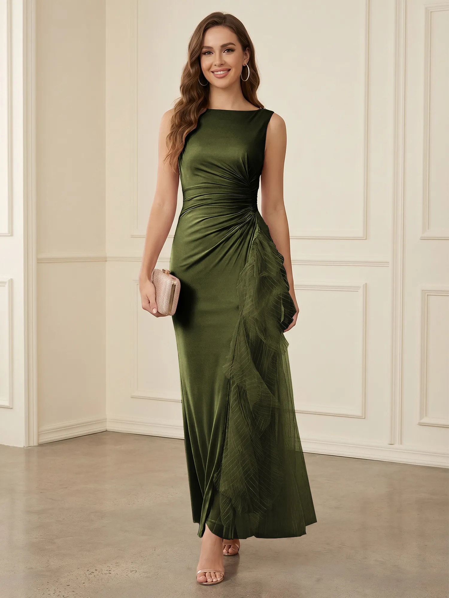Sleeveless Ruched Sheath Evening Gown with Tulle Ruffle Detail