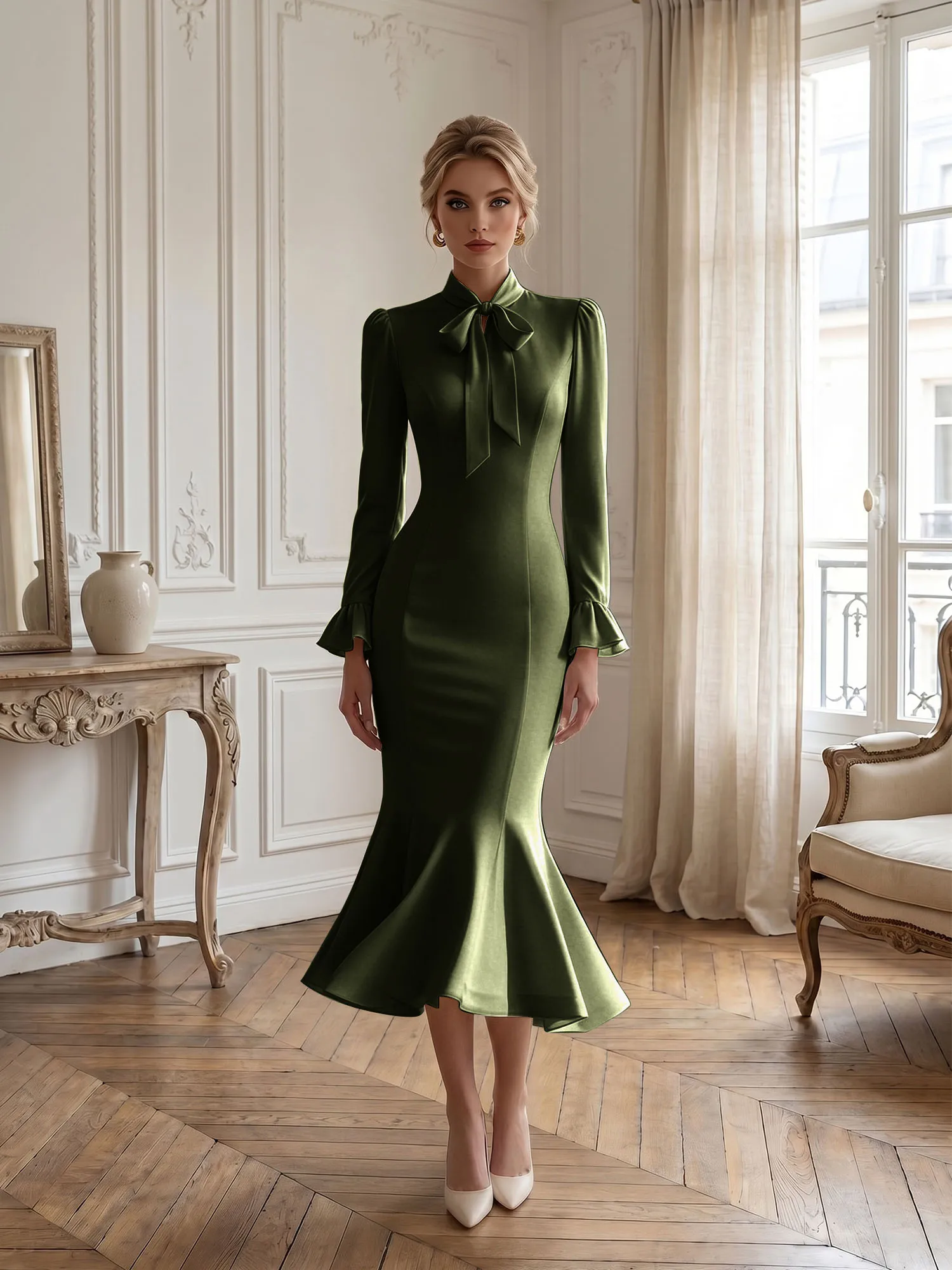 High Neck Bow Tie Long Sleeve Midi Mermaid Evening Dress