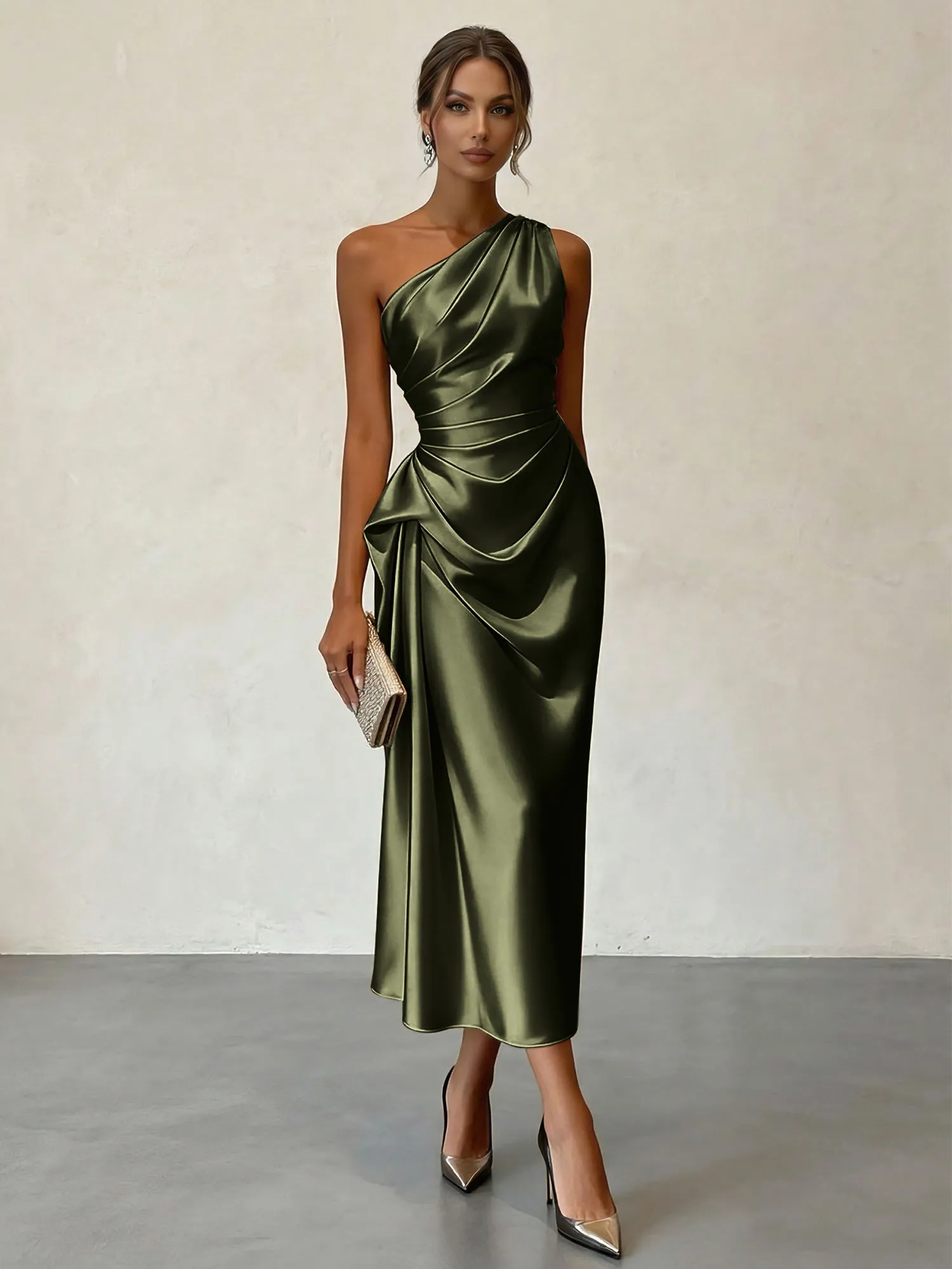 One-Shoulder Ruched Satin Midi Evening Dress with Draped Detail