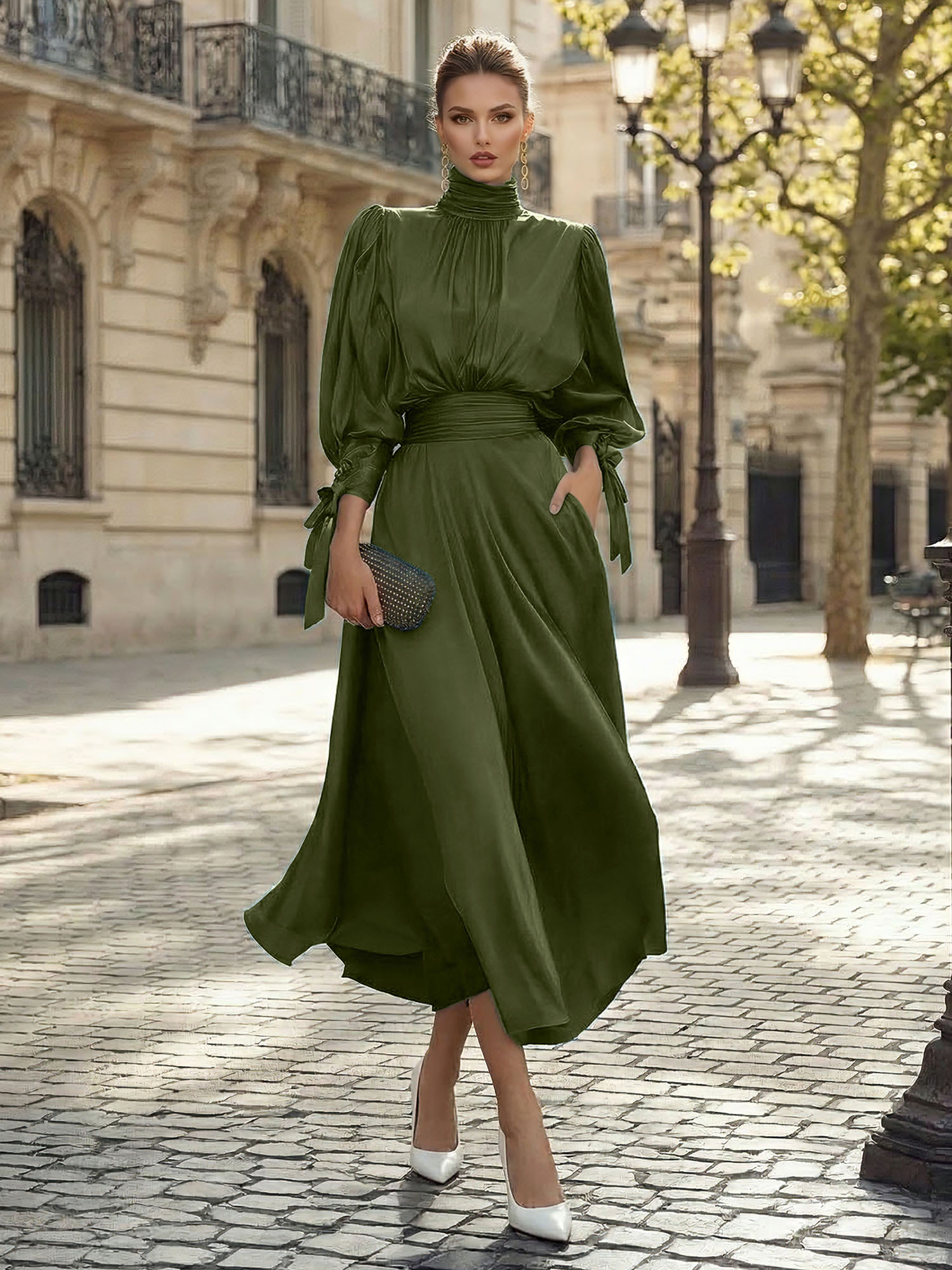 Sophisticated Camel V-Neck Balloon Sleeve Midi Dress Evening Gown