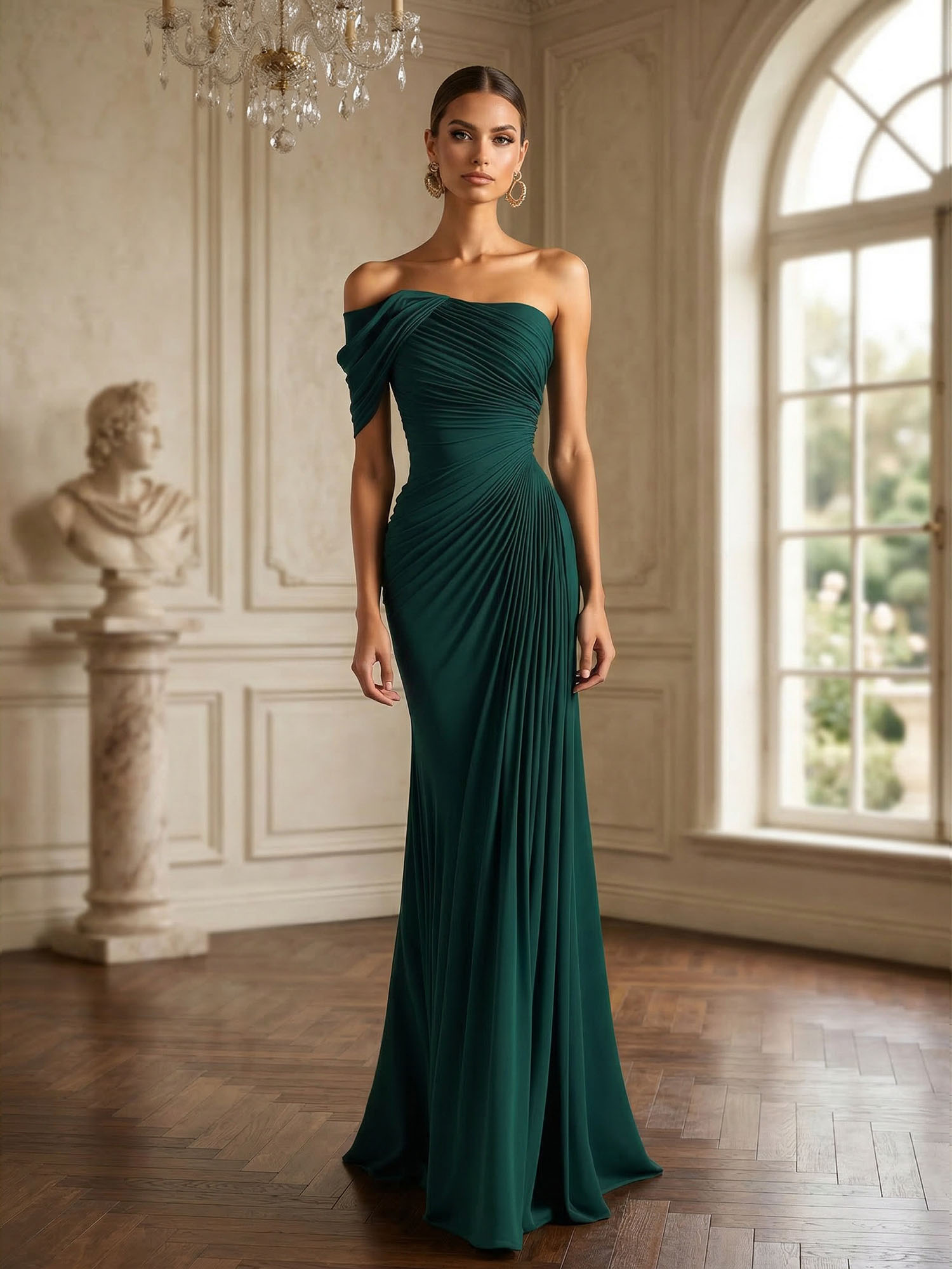One Shoulder Pleat Mermaid Chiffon Evening Dresses for Women Gown