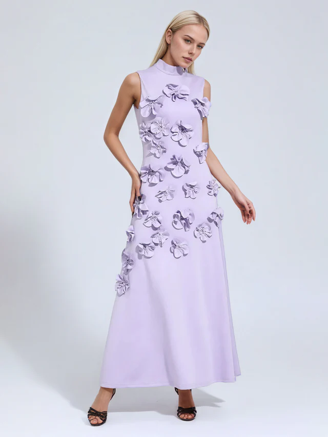 A Line High Neck Sleeveless Floor Length Stretch Crepe Dress With 3D Flowers
