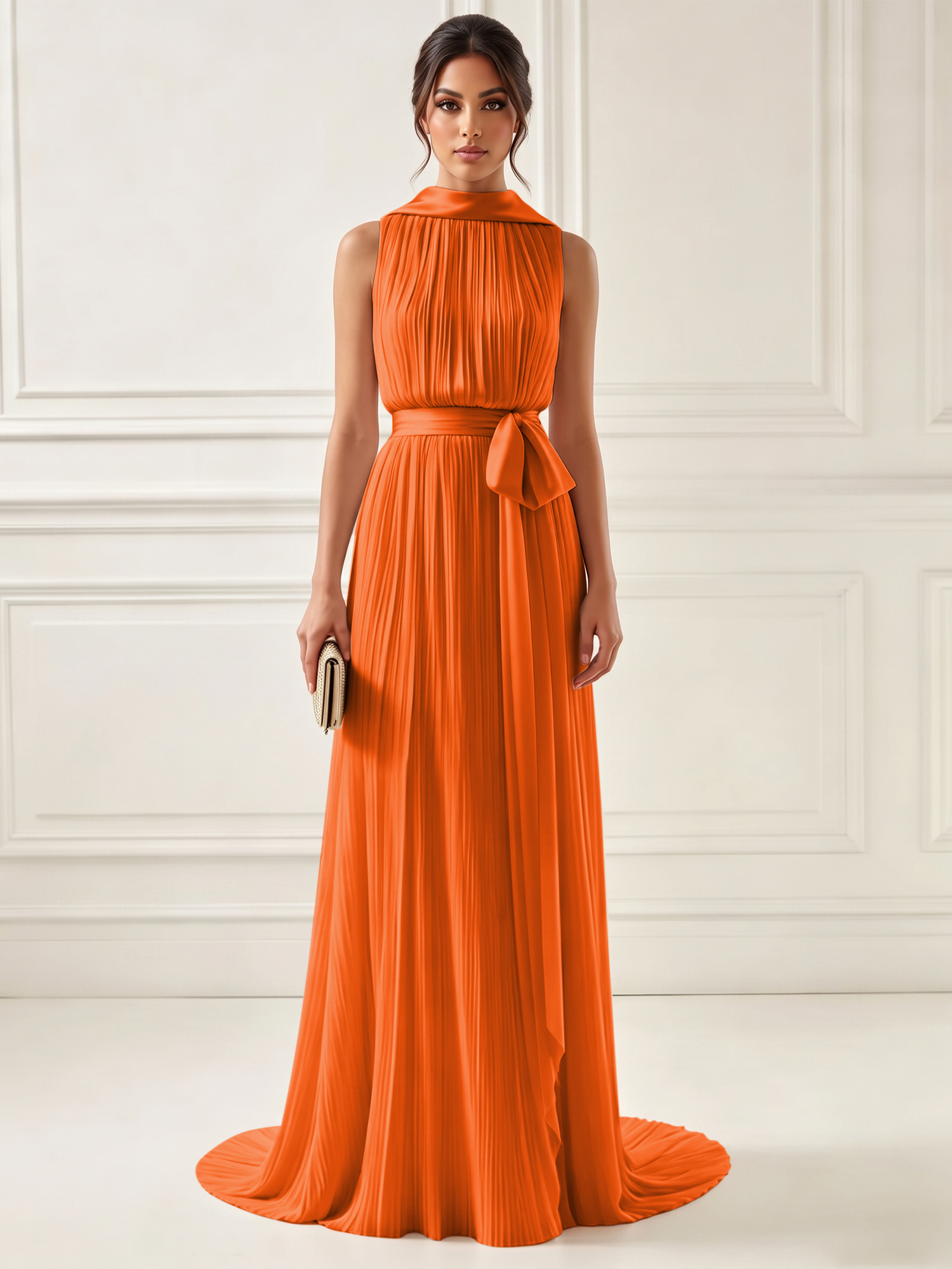 Ethereal Pleated Pastel Pink High Neck Maxi Formal Evening Dress with Satin Sash