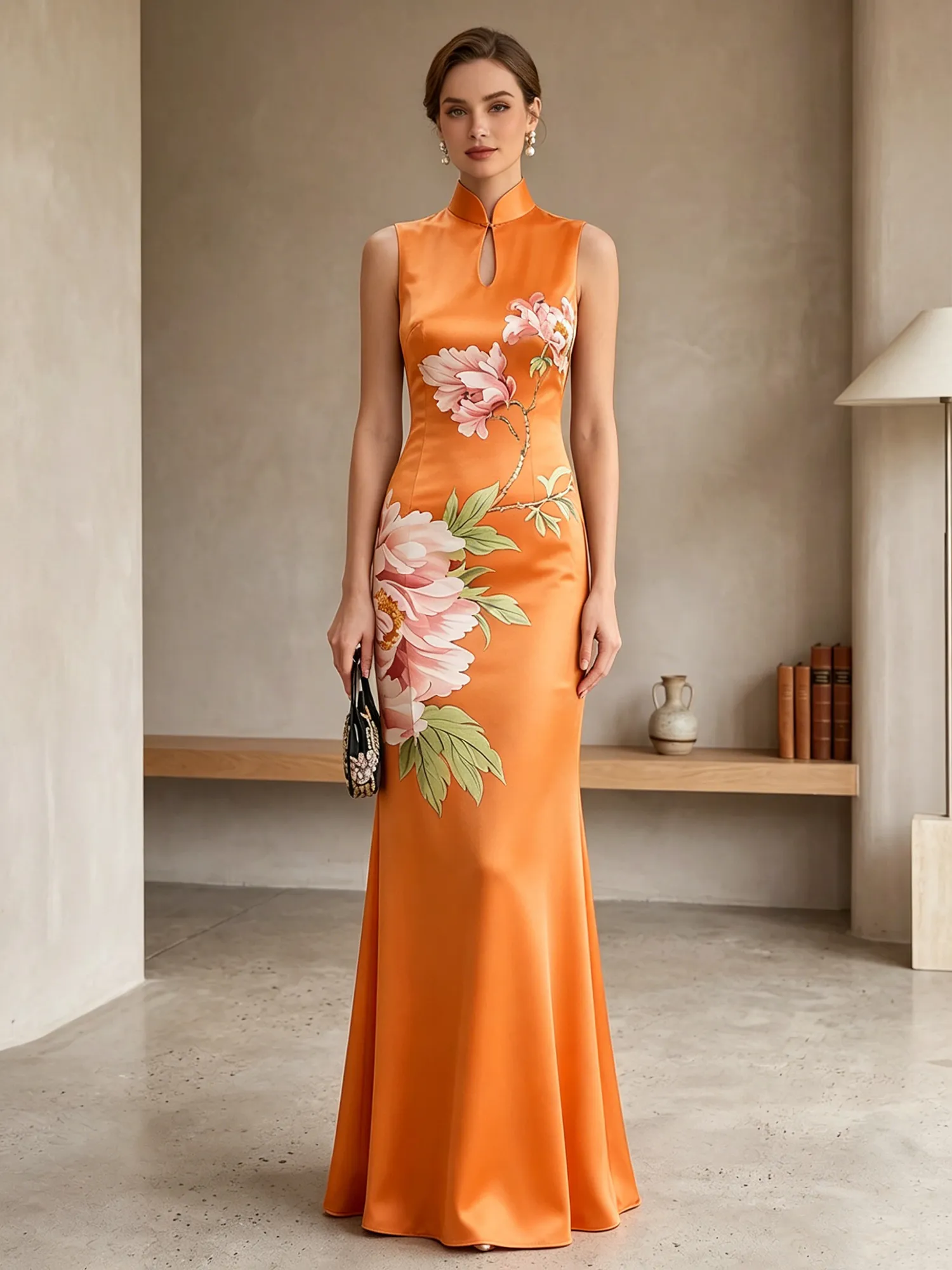 Satin Qipao-Inspired Floral Mermaid Evening Gown