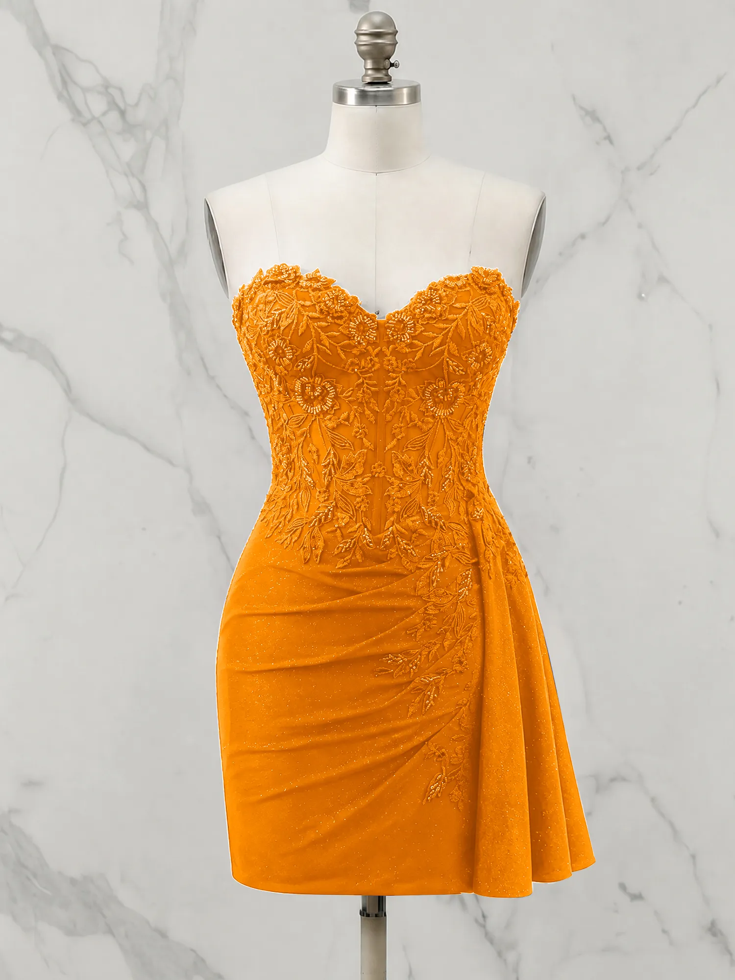 Strapless Lace Appliqué Glitter Homecoming Dress with Side Drape
