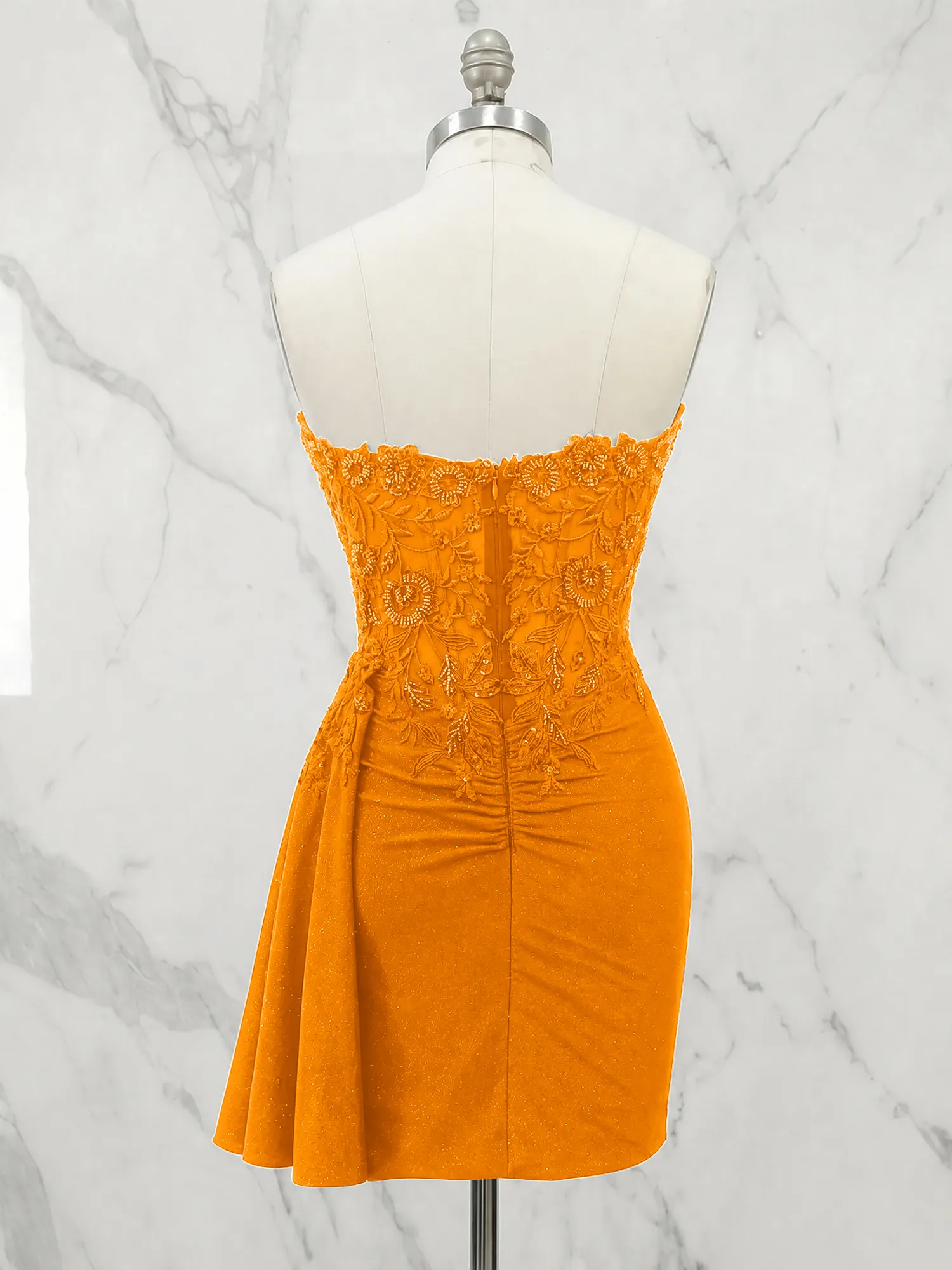 Strapless Lace Appliqué Glitter Homecoming Dress with Side Drape