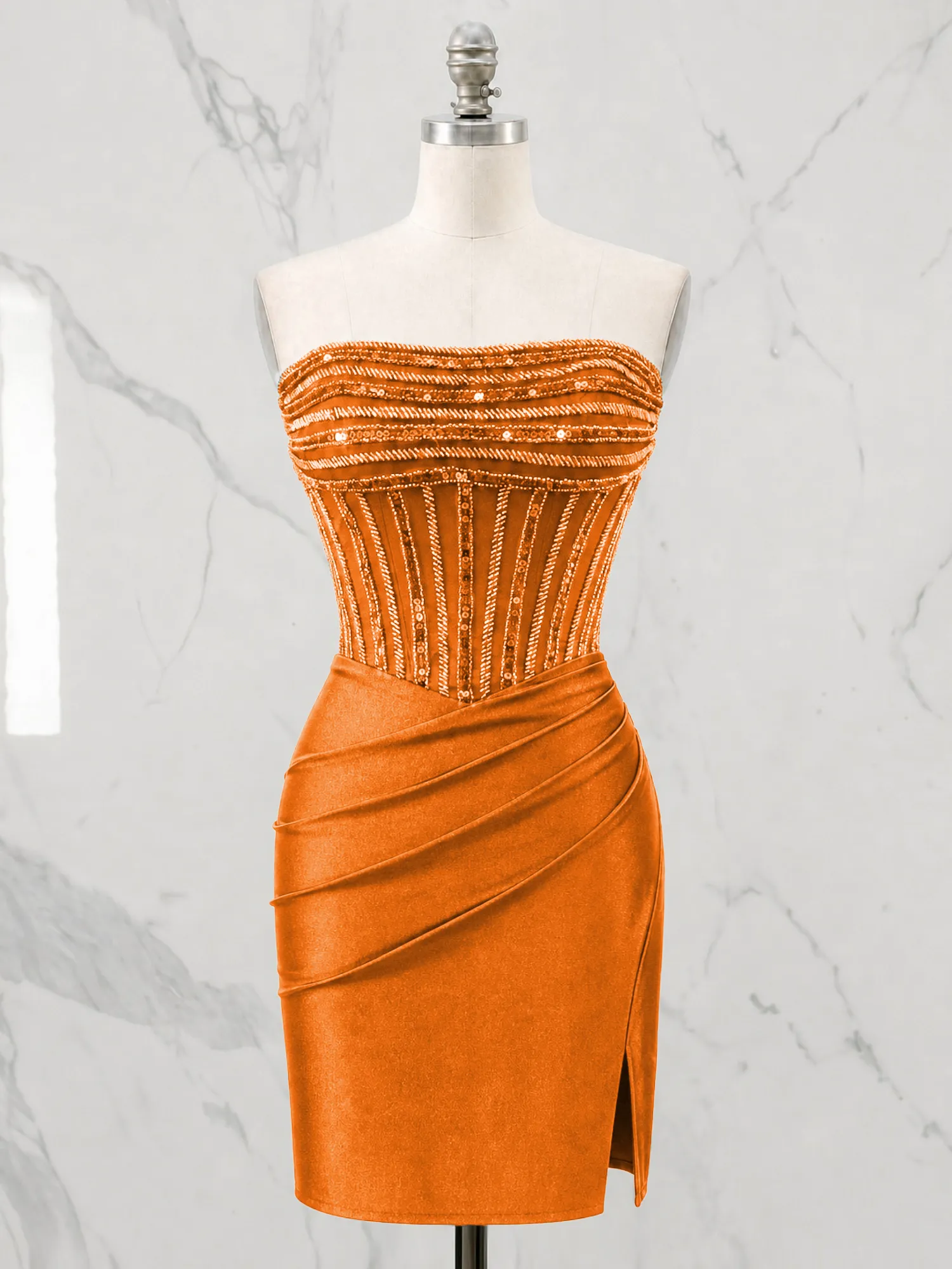 Strapless Beaded Corset Homecoming Dress with Ruched Skirt
