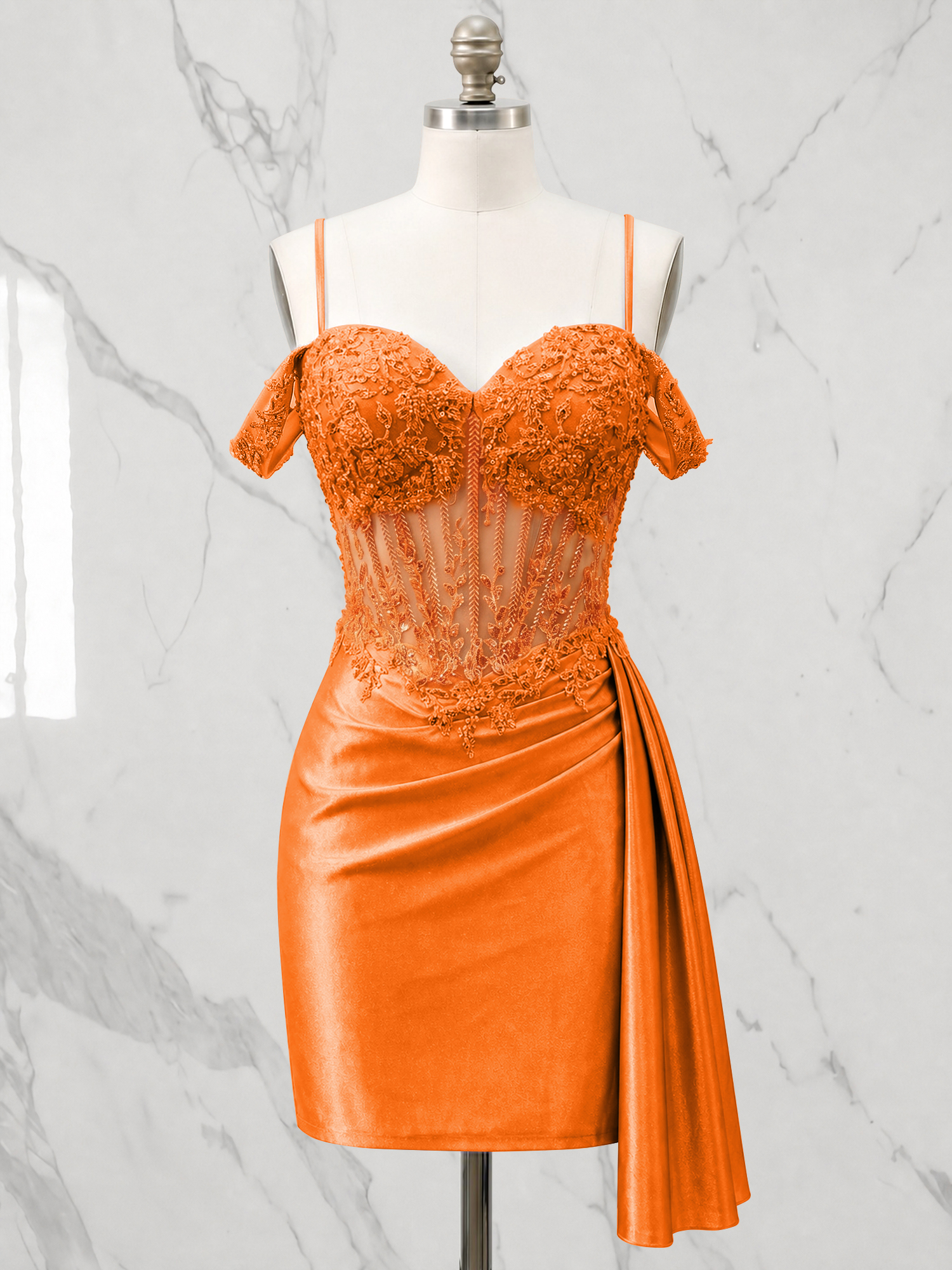 Off-the-Shoulder Lace Corset Homecoming Dress with Side Drape