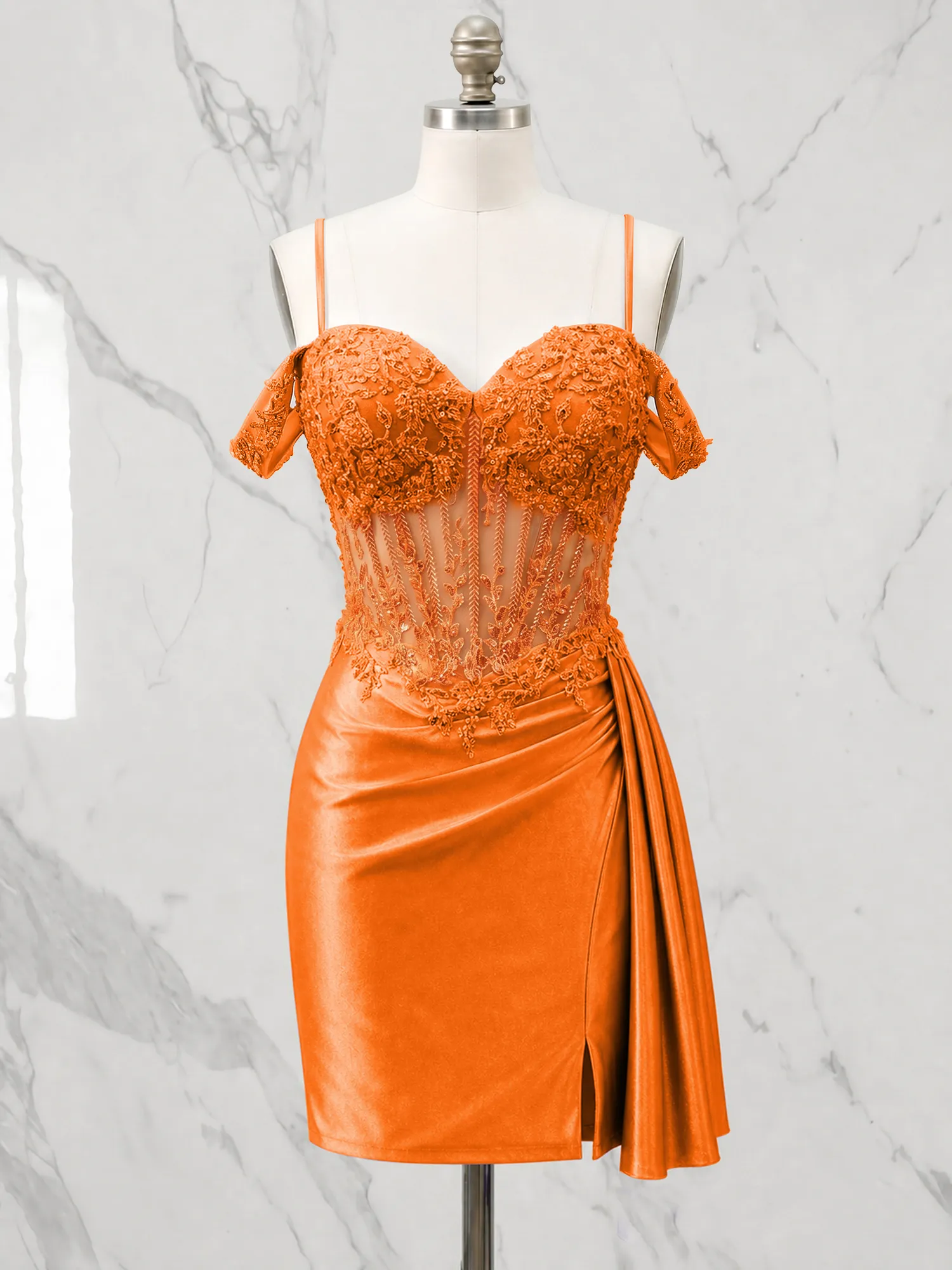 Off-the-Shoulder Lace Corset Homecoming Dress with Draped Skirt