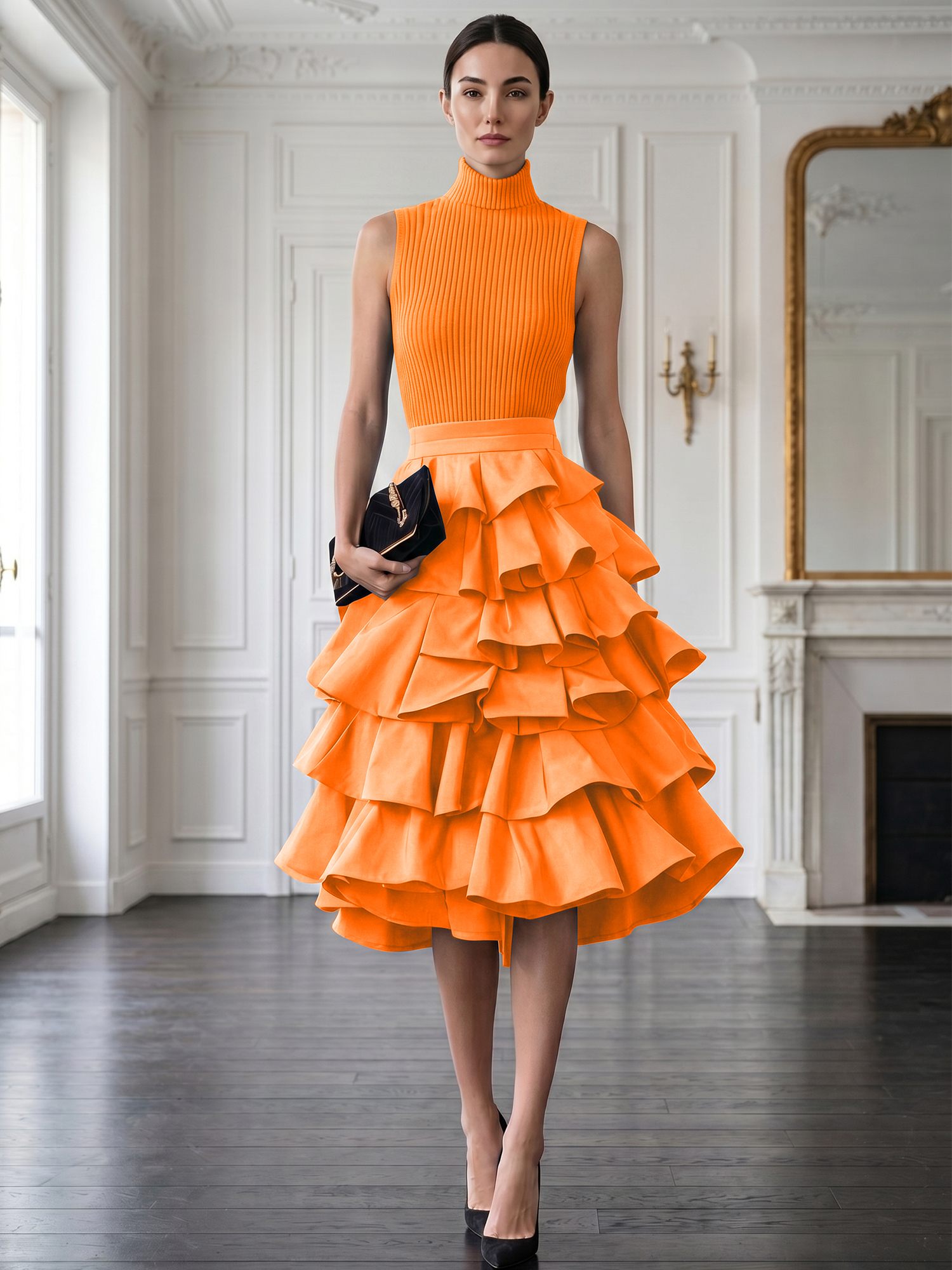 Avant-Garde Black High-Neck Tiered Ruffled Evening Gown