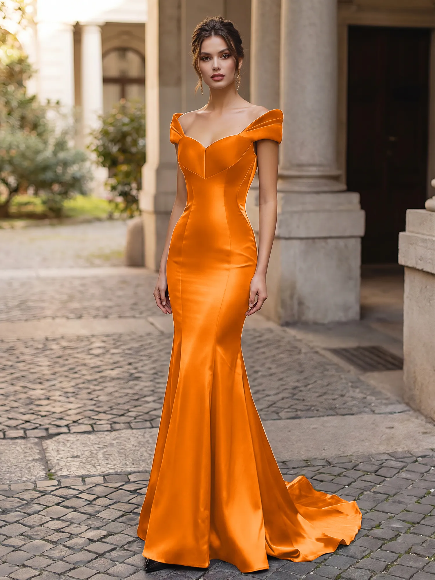 Off-the-Shoulder Sweetheart Lace-Up Back Satin Mermaid Prom Dress
