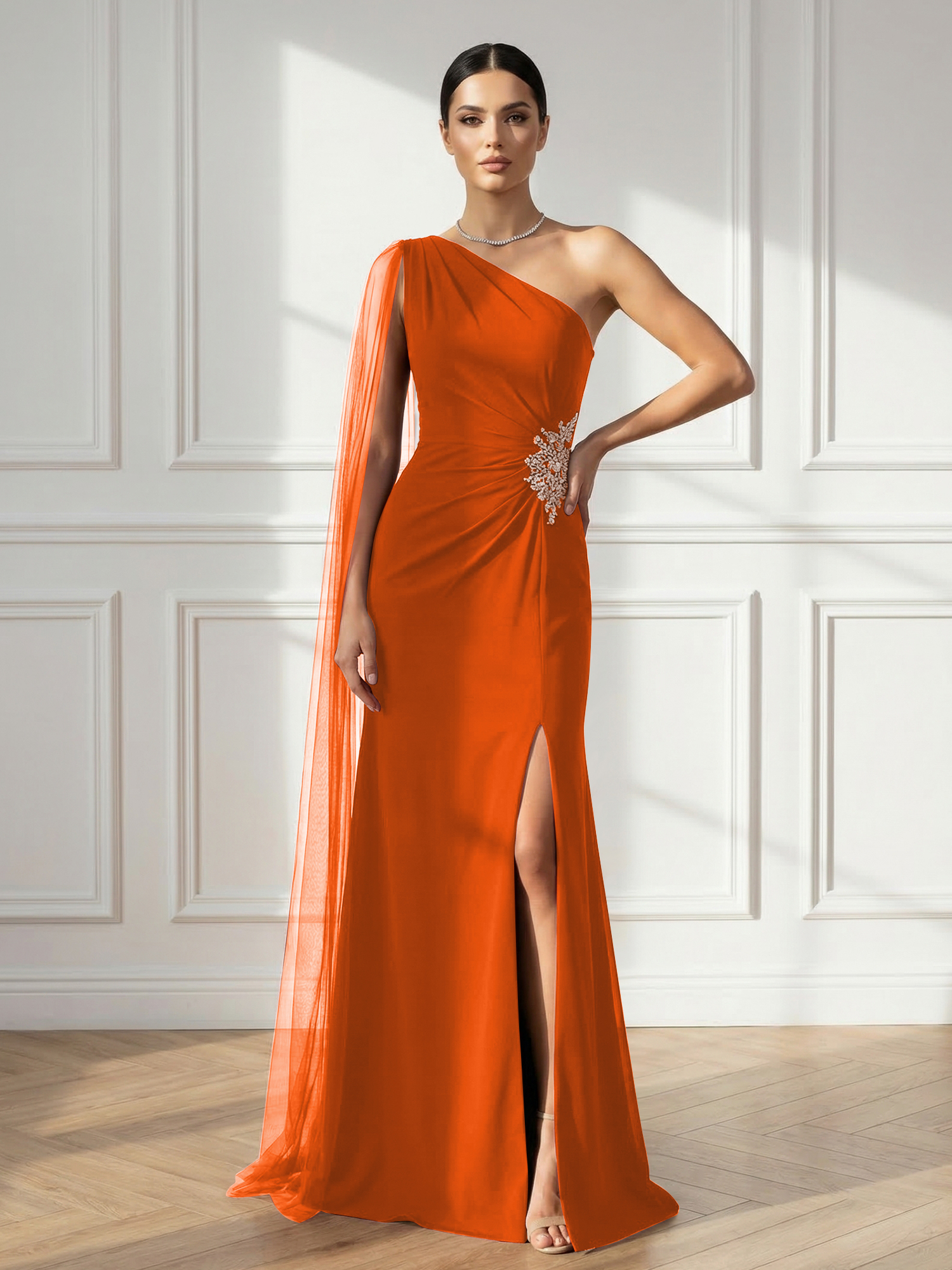 Formal Evening Dress Burgundy One Shoulder Slit Maxi Dress Gown