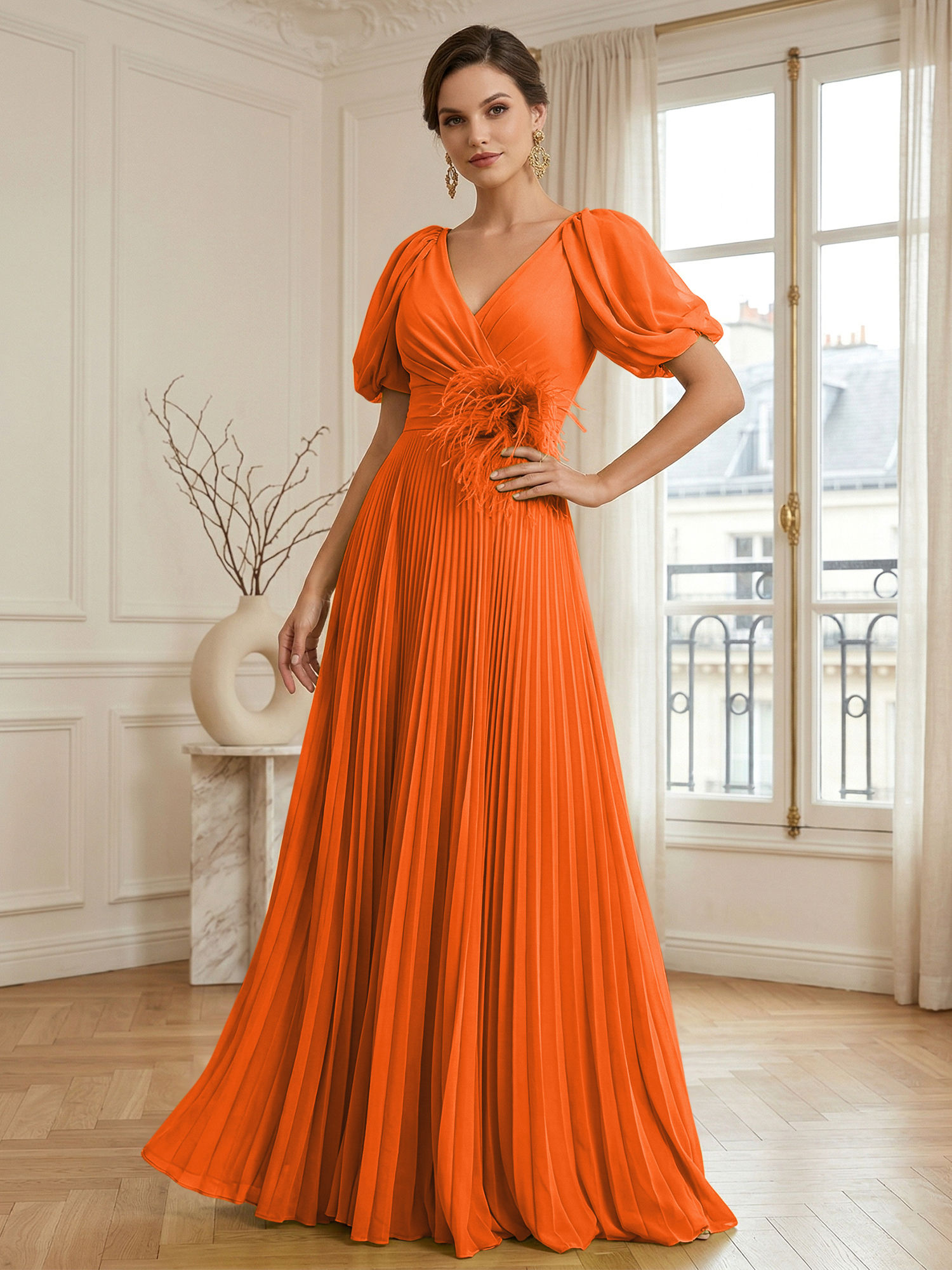 A-Line Chiffon Evening Gown with Feather V-Neck Short Sleeves Formal Dress