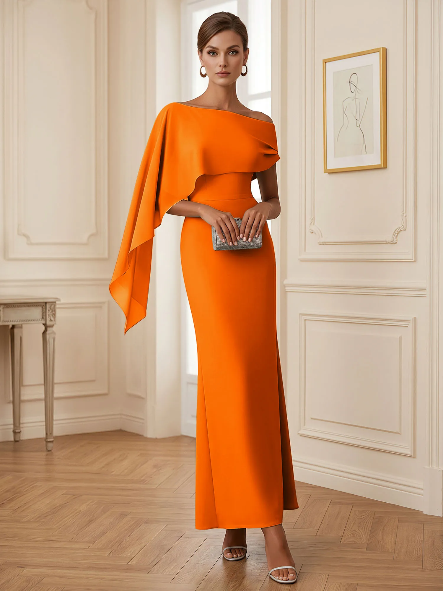 One-Shoulder Chiffon Overlay Mermaid Evening Gown